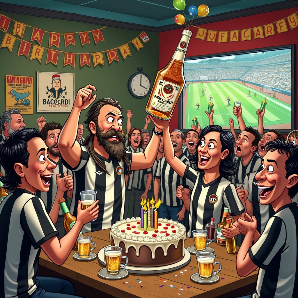 The front cover of the birthday greeting card unfolds as a bustling, whimsical cartoon scene set in a lively sports bar. The setting is clearly themed around Newcastle United and Bacardi. The backdrop features a large, banner-decked wall with "Happy Birthday" in black and white stripes, mimicking Newcastle United's team colors. A prominent Newcastle United crest hangs proudly above a widescreen TV showing a live football match.

In the foreground, we see a lively group of Toon Army fans, all decked out in their iconic black and white striped jerseys and scarves. They are mid-cheer, holding up foaming mugs of beer and bottles of Bacardi. One fan, a jovial caricature with round glasses and a bushy beard, is joyfully hoisting a giant, comically oversized bottle of Bacardi, as if it’s a football trophy. The label on the bottle has a cheeky, playful twist with a Bacardi bat wearing a Newcastle United scarf.

To the right, we have a table cluttered with birthday elements: a football-shaped cake with black and white icing, party hats designed like mini Newcastle United football caps, and Bacardi bottles serving as candle holders with brightly colored candles atop them. There’s a whimsical, almost surreal element with a life-sized mascot character, looking like a cross between a Bacardi bat and Newcastle United's famous magpie, Magpie the Magpie, dancing with a birthday streamer in its beak.

Behind the group, a bartender dressed in a Newcastle jersey is expertly balancing a tray with a bottle of Bacardi and several glasses, a scene reminiscent of Rube Goldberg’s complex contraptions, with lemons and limes bouncing in the air as if on an invisible trampoline.

Adding to the scene’s richness, tiny cartoon footballs are scattered around, and balloons in the shape of Bacardi bats float near the ceiling. On the far left, a poster on the wall features a vintage comic book cover design titled "Toon Army Adventures," depicting cartoon characters dressed as footballers with Bacardi bottles as their superpower gadgets.

The overall scene is detailed, bursting with playful energy and humor, combining the love for Newcastle United and the celebratory spirit of Bacardi in a uniquely intertwined, joyful birthday celebration.
Generated with these themes: Newcastle utd, and Bacardi.
Made with ❤️ by AI.