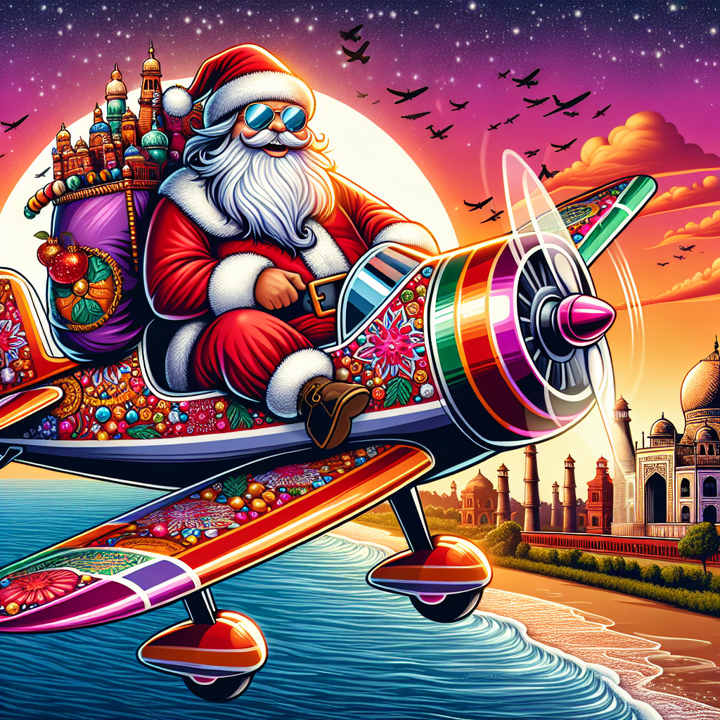 Vector image of Santa Claus flying a decorated Kitfox plane over the iconic landmarks of India, with the backdrop of a stunning beach sunset.
Generated with these interests: Kitfox Planes, India, and Sandy Beaches and Sunsets.
Made with ❤️ by AI.