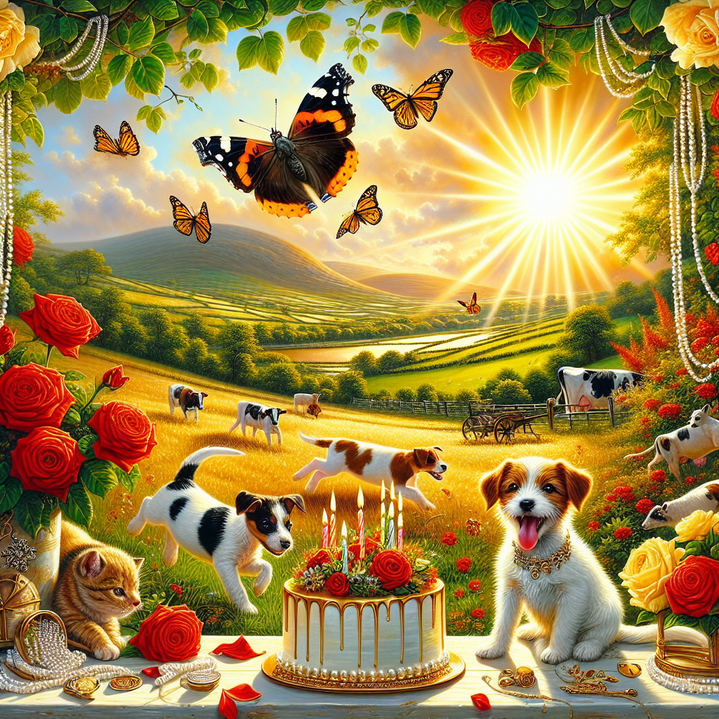 In the heart of the Irish countryside, a gleaming birthday celebration unfolds under the radiant sunshine. The canvas is painted in vibrant shades of yellow, orange, and red, while red roses and verdant greenery craft a picturesque backdrop. A Red Admiral butterfly pirouettes through the air, reflecting the mirth of playful Jack Russell puppies darting about. Amid the jovial atmosphere, a striped tabby cat reposes in the cool shadows, while cows traverse the pastoral fields in the distance. Pearls and artful trinkets are subtly displayed, infusing the rustic ambiance with a dash of elegance.
Generated with these themes: Roses, Red Admiral Butterfly, Tabby cat, Yellow, Orange, Red, Countryside , Sunny weather , Cows in field, Pearls, Jewelery , Ireland, and Jack Russell puppies.
Made with ❤️ by AI.
