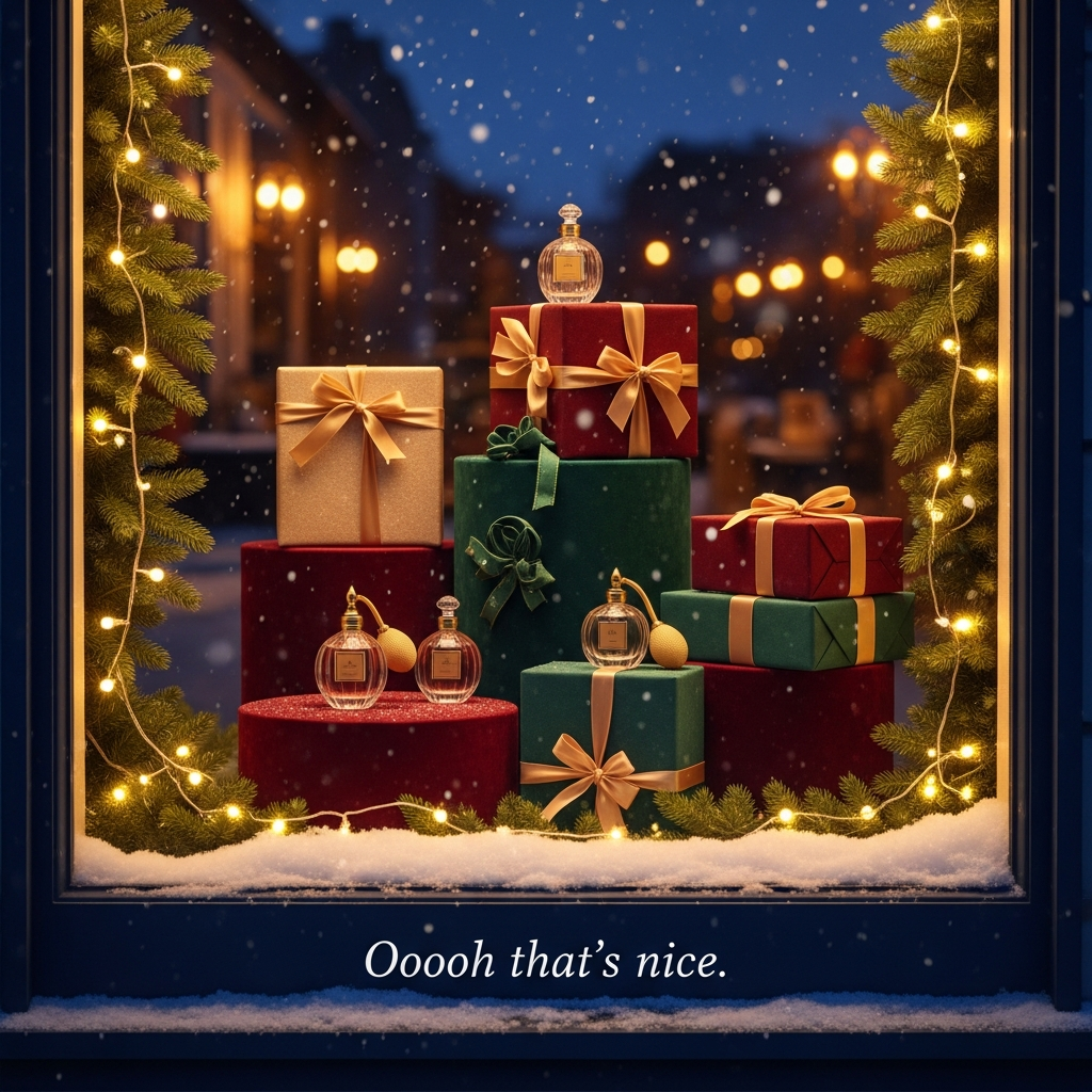 Presents perfume bright lights shop window , and Christmas Card