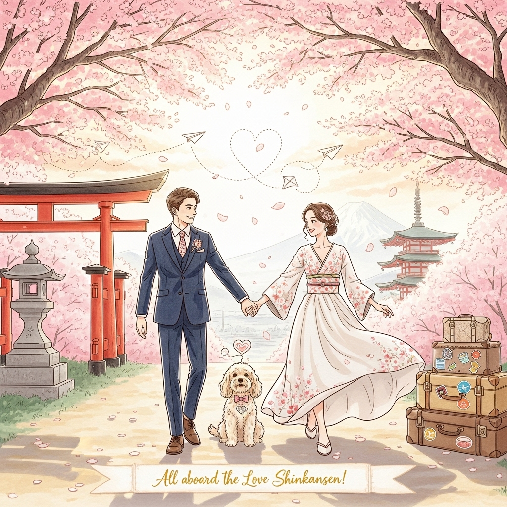 Vertical, full-bleed, anime-inspired hand-drawn illustration with fine ink linework and textured watercolor brush strokes, warm romantic palette. Scene: springtime Japan beneath a sweeping cherry blossom (sakura) tree in peak bloom, petals drifting through golden-hour light. Foreground: a joyful bride and groom holding hands mid-spin, soft smiles; bride in a flowing ivory gown with subtle sakura embroidery and kimono-inspired sleeves; groom in a tailored deep-navy suit with a blush tie and a tiny paper-airplane lapel pin. Between them sits a cream cockapoo with fluffy curls, wearing a small bow tie and a heart-shaped travel tag. Travel cues: a tasteful stack of vintage suitcases with colorful icon stickers (no words), paper airplanes looping among the petals with a dotted flight path that forms a heart above the couple. Background: a red torii gate and stone lantern to one side, distant soft silhouette of Mount Fuji and a pagoda, misty gradients for depth. Lighting and mood: golden rim light, gentle bokeh, subtle vignette; romantic, airy, and celebratory. Composition: balanced and uncluttered, subjects large, no crowds, no extraneous text. Texture: delicate rice-paper grain, watercolor washes, expressive brushwork. Color palette: blush pinks, peach, ivory, champagne gold, muted indigo, sage green. Style tags: romantic anime illustration, fine linework, painterly, soft grain, high detail, 4:5 vertical. Negative prompts: no photorealism, no logos, no extra text, no harsh shadows.

On-image text (small, single line): “All aboard the Love Shinkansen!”
Typography: hand-brushed gold calligraphy, subtle, placed near the bottom on a pale cream luggage-tag ribbon.
Generated with these themes: Travel, japan, cockapoo dog, anime, and .
Made with ❤️ by AI.