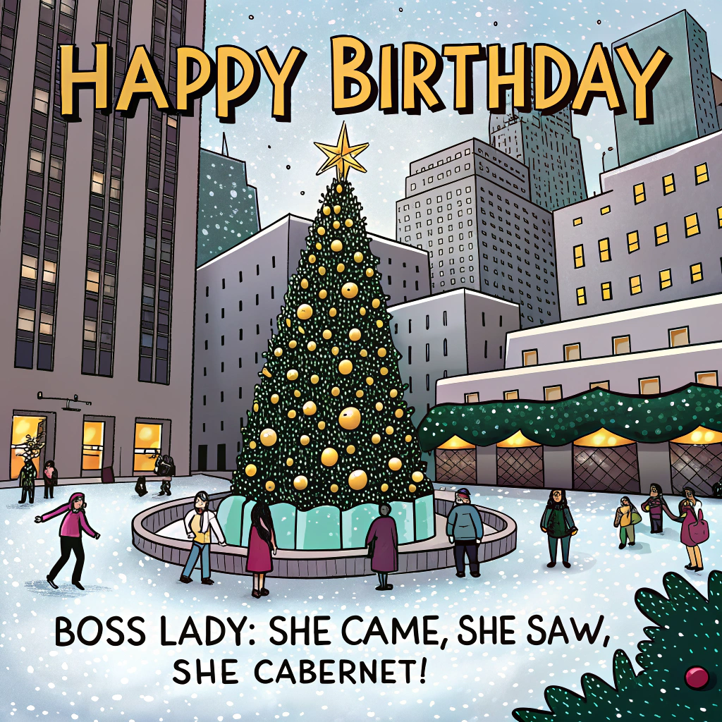 At the top of the Cartoon Style image, "Happy Birthday"

At the bottom of the image, "Boss Lady: She came, she saw, she cabernet!"

Create a playful cartoon scene in bright, saturated colors with thick black outlines and exaggerated proportions: In a bustling winter city plaza inspired by Rockefeller Center, a towering, sparkling Rockefeller Christmas Tree glows with oversized ornaments shaped like little wine bottles and corks. A shimmering gold corkscrew forms the star atop the tree, bursting glittery light rays. Front and center, a confident Boss Lady in a bold power suit (hot pink or electric cobalt), oversized sunglasses, and dramatic heels strikes a victorious pose on the rink, hoisting a huge sloshing wine glass like a trophy while a popped cork zips past her in a curvy, comet-like trail toward the tree’s star. Around her, tiny office-elf assistants in suits skate excitedly, juggling clipboards and trays of wine glasses, confetti flying. Snowy edges and a city skyline frame the scene. Keep poses whimsical and energetic; use bold, bubbly hand-lettered text with thick outlines and a slight drop shadow for legibility at top and bottom.
Generated with these themes: Rockafeller christmas tree, Wine, Boss lady , and .
Made with ❤️ by AI.
