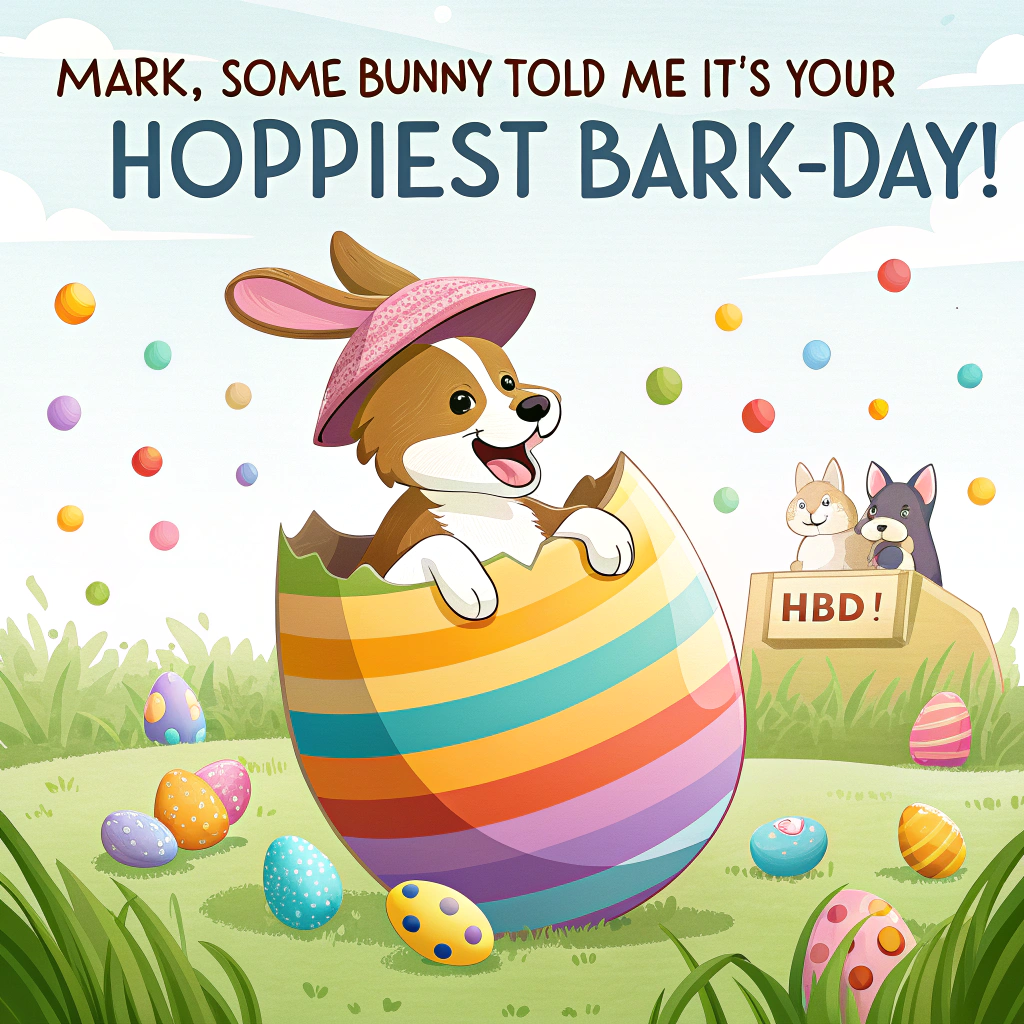 At the top of the image, "Mark, some-bunny told me it's your HOPpiest BARK-day!"

- In the center of the image, depict a cheerful cartoon dog wearing a polka-dotted party hat, perched inside a giant, rainbow-striped Easter egg that's cracked open like a party popper. The dog is holding a bone-shaped balloon with "HBD!" scrawled in glittery letters.

- Around the dog, colorful Easter eggs are scattered with tiny bunny ears poking out of them—each one a different silly animal trying (and failing) to impersonate the Easter Bunny.

- A banner flaps overhead reading “Egg-streme Paw-ty Zone!”

- The overall style is whimsical and bright, bursting with springtime colors and cheeky joy.
Generated with these themes: Dog wearing a party hat with the text HBD!.
Made with ❤️ by AI.