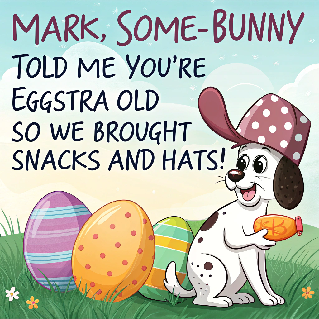 Dog wearing a party hat with the text HBD! Easter Card