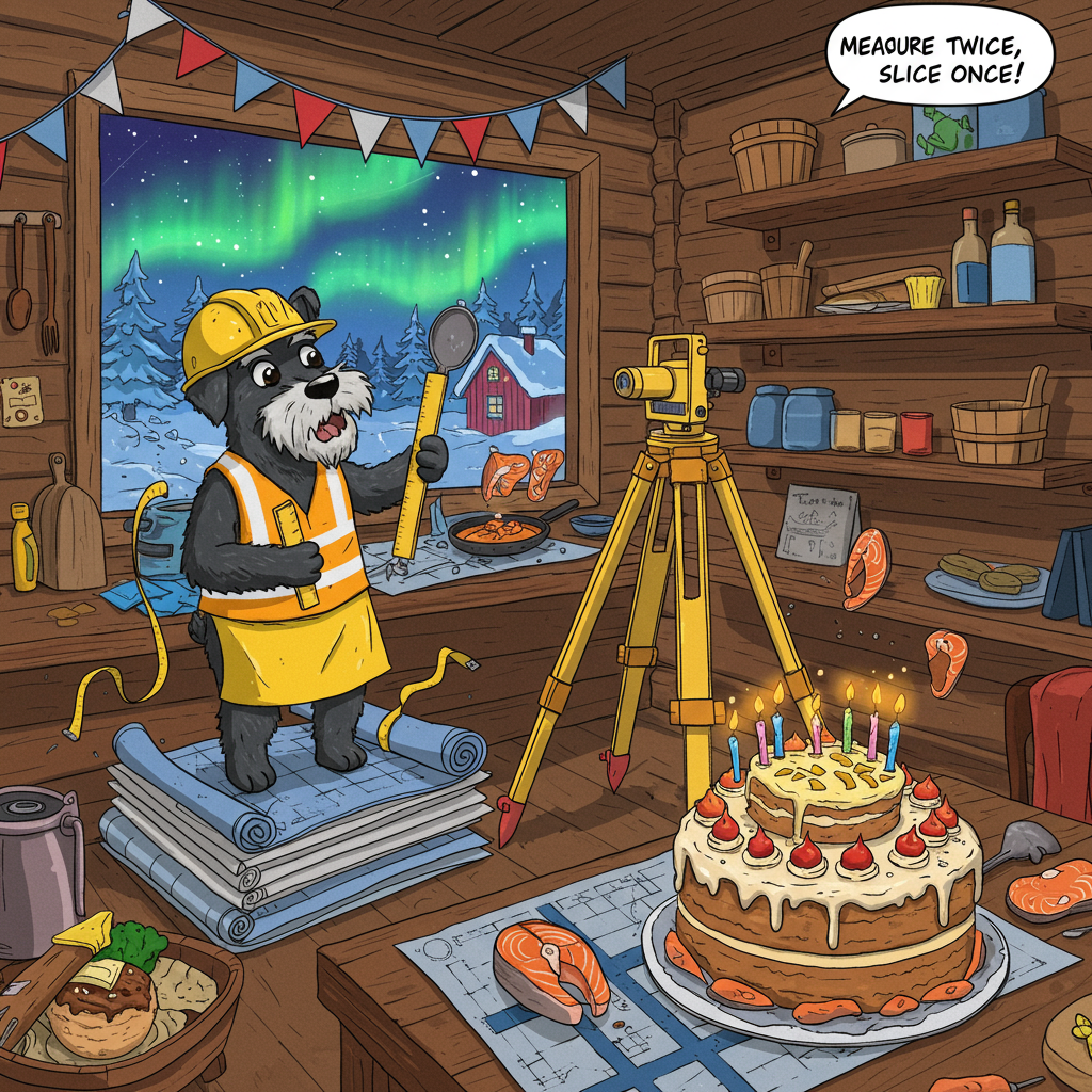 At the top of the Cartoon Style image, happy birthday jono
Playful, funny Cartoon Style scene with exaggerated proportions, thick black outlines, and bright saturated colors. In a cozy Finnish log-cabin kitchen, a spirited black schnauzer is the star: wearing a hi-vis vest over a chef’s apron and a tilted yellow hard hat, standing on a stack of rolled blueprints like a stool. One paw stirs a bubbling pot with an oversized ruler-spoon, the other yanks a springy tape measure that swirls around the scene like party streamers. Beside him, a chunky surveyor’s tripod with a bright yellow theodolite is aimed at a towering birthday cake shaped like stacked blueprints, complete with icing gridlines and blazing candles. Finnish touches everywhere: a garland of tiny blue-and-white flags, a sauna bucket and birch whisk on a shelf, and through a big window the aurora borealis dances over snowy pines and a little red cottage. On the stove, salmon sizzles; karjalanpiirakka fly mid-air like pancakes. Whimsical, energetic poses, bouncy motion lines, confetti and sparkles. Palette: cool aurora greens and icy blues outside, warm ambers, hot pinks, and sunny yellows inside, all with bold outlines and glossy highlights.
Include a small, cheeky line of text as a speech bubble from the schnauzer: “Measure twice, slice once!”
Generated with these themes: Quantity surveying, finland, black schnauzer, cooking, and .
Made with ❤️ by AI.