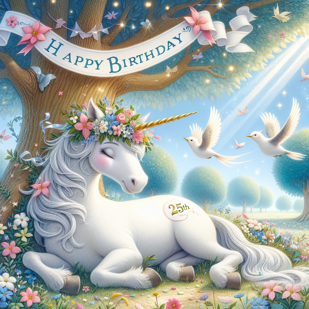 A playful depiction of a fairy-tale landscape with a magical unicorn resting beneath a tree, a prominent '25th' inscribed on its side and a crown of flowers around its horn. Overhead, birds carry a ribbon that unfurls with the greeting 'Happy Birthday' in elegant typeface.
Generated with these themes: 25th  .
Made with ❤️ by AI.
