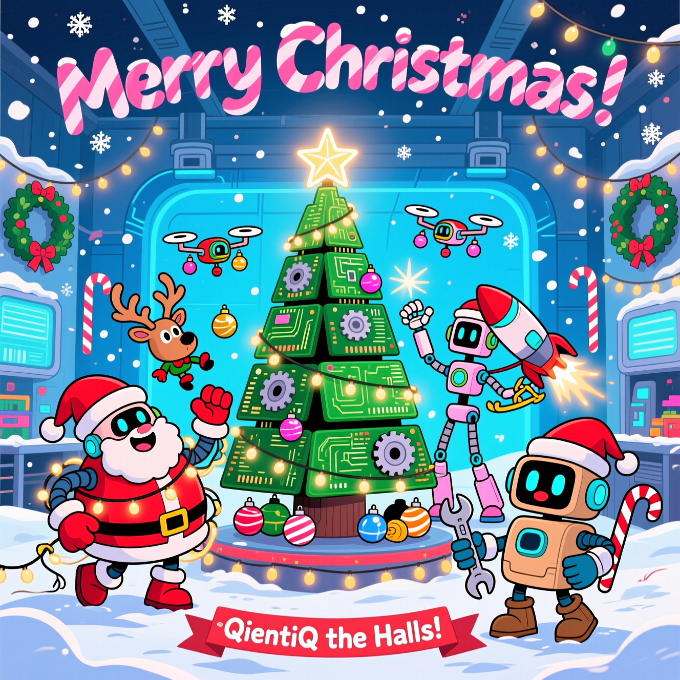 At the top of the Cartoon Style image, "Merry Christmas!"

A large, vibrant, funny Christmas scene in playful Cartoon Style: a snowy high-tech workshop where cheerful, bouncy robots with exaggerated proportions and thick outlines are throwing a robo-holiday bash. Bright saturated reds, greens, icy blues, and candy-cane pinks. Center stage: a towering Christmas tree built from stacked green circuit boards and shiny gears, topped by a glowing LED star. Around it, a goofy cast of robots in Santa hats and reindeer antlers zip about in whimsical, energetic poses—one chubby bot gleefully tangled in blinking light strings, another lanky bot testing a mini rocket-sleigh with sputtering peppermint thrusters, tiny drone-elf bots whirring as they carry chrome baubles, and a squat bot holding a candy-cane wrench while a magnet-nosed “robo-reindeer” accidentally attracts half the ornaments. Snowflakes swirl, fairy lights glow warm, and motion lines and sparkly highlights add extra zing. In the background, an ice-blue hangar with futuristic shapes and festive decorations (wreaths, holly, candy-cane struts) suggests a cutting-edge winter lab vibe. Big expressive LED faces, chunky gloves and boots, bold shadows, and crisp, clean thick outlines keep it playful and cartoony.

Text styling:
- Top text “Merry Christmas!” in big, joyful, hand-lettered, candy-cane striped letters with a soft white outline and drop shadow, arcing slightly over the scene.
- At the bottom of the image, small and cheeky, a single extra caption on a festive ribbon: “QinentiQ the Halls!” in a fun, bold script.
Generated with these themes: QinentiQ , Robots, and .
Made with ❤️ by AI.