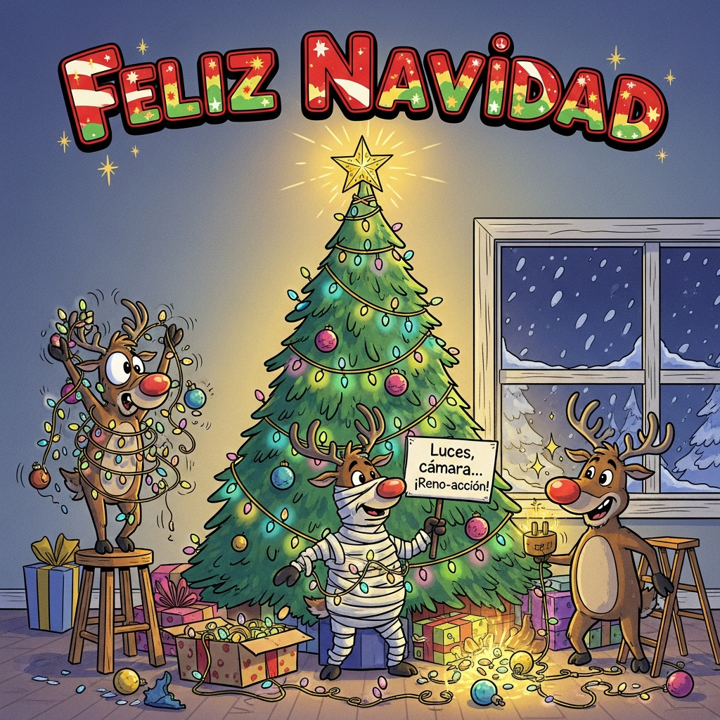At the top of the Cartoon Style image, “Feliz Navidad” in chunky candy-cane red-and-green bubble letters with a thick black outline and twinkling star sparkles

Playful, funny Christmas cartoon scene with exaggerated proportions, thick outlines, and bright saturated colors. A gigantic, over-the-top árbol de navidad dominates the center, its triangular shape leaning proudly, drenched in glowing luces—loopy strings of neon bulbs (gold, teal, hot pink, lime) zigzagging everywhere. The star on top is slightly crooked, radiating a warm glow.

Three expressive renos in whimsical, energetic poses:
- Left reindeer on a wobbly stool, eyes wide, antlers hilariously tangled in a web of luces, accidentally lifting a whole strand like a lasso while reaching for the star.
- Center reindeer wrapped head-to-hoof like a mummy in fairy lights, cheeks blushing, tail mid-wag, holding a small hand-lettered sign that reads: “Luces, cámara… ¡Reno-acción!”
- Right reindeer proudly “powering” the display—its shiny red nose touching the plug, making every bulb blaze with cozy golden light, little sparkle bursts popping around it.

Around the base: oversized presents with bold patterns, a toppled box spilling more lights, a tiny step ladder, and ornaments rolling on the floor. Background hints of a snowy night beyond a window, soft snowfall and distant pines. Lighting is warm and festive from the luces, with lively motion lines, glittering reflections on the ornaments, and confident thick black outlines to push the playful cartoon vibe. Bright, joyful color palette; clean, full-bleed composition that lets the tree and the renos’ antics steal the show.
Generated with these themes: Árbol de navidad, Luces, Renos, and .
Made with ❤️ by AI.