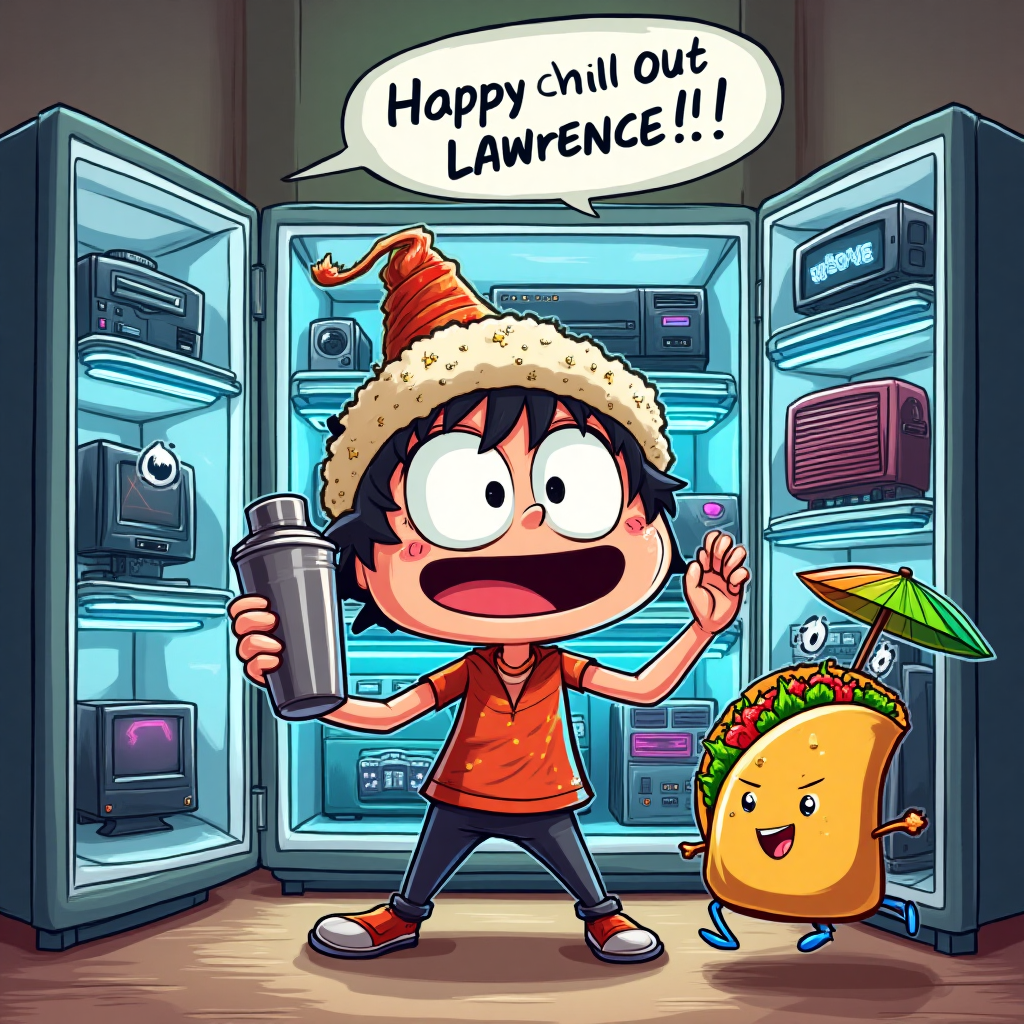 At the top of the Cartoon Style image, **Happy Birthday Lawrence**.

---

Imagine a zany cartoon scene where an anime-style character is trying to juggle various elements from the themes mentioned. In the center, a cheerful, slightly bewildered anime character with huge sparkling eyes is holding a cocktail shaker. Their exaggerated smile is framed by a giant sushi roll hat.

Behind them, a refrigerator is open, revealing shelves filled with neon-colored gaming consoles and PCs, humming with excitement as if about to burst into life. Tiny HVAC units with googly eyes whizz around the scene like energetic sidekicks, cooling down the festive chaos.

To the side, an anthropomorphic piece of ethnic food—perhaps a dancing taco with a cheeky grin—waves around a tiny cocktail umbrella. Above the lively scene, a speech bubble exclaims, "Chill out and game on!"

Bright colors, bold outlines, and dynamic poses make the scene jump off the page, perfectly capturing the fun and frenetic energy of Lawrence's special day.
Generated with these themes: Refrigeration, Hvac, Cocktails, Anime, Pc gaming, Ethnic food, and .
Made with ❤️ by AI.
