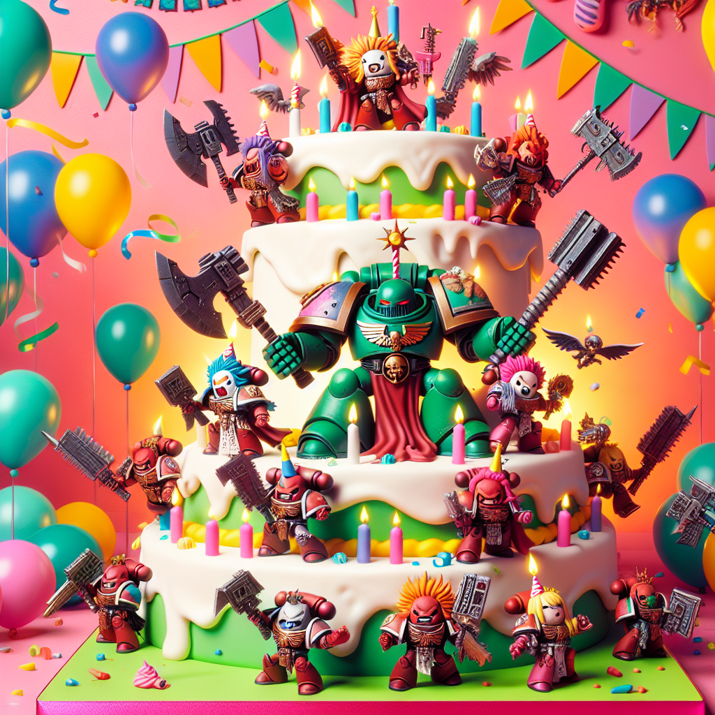 A brightly colored cartoon-style birthday scene. Cheery balloons and streamers set the festive backdrop. Miniature, endearing versions of futuristic aggressive war-themed characters, reminiscent of the features of Warhammer 40k, frolic about in a chaotic yet festive decor. Cute, chibi-style characters inspired by chaotic gods dance atop a massive, festively adorned cake. They are holding tiny axes and wearing birthday hats, which combines their intense characters with the innocence of a child's party scene.
Generated with these themes: Warhammer 40k Khorne, Worldeaters, and Chaod.
Made with ❤️ by AI.