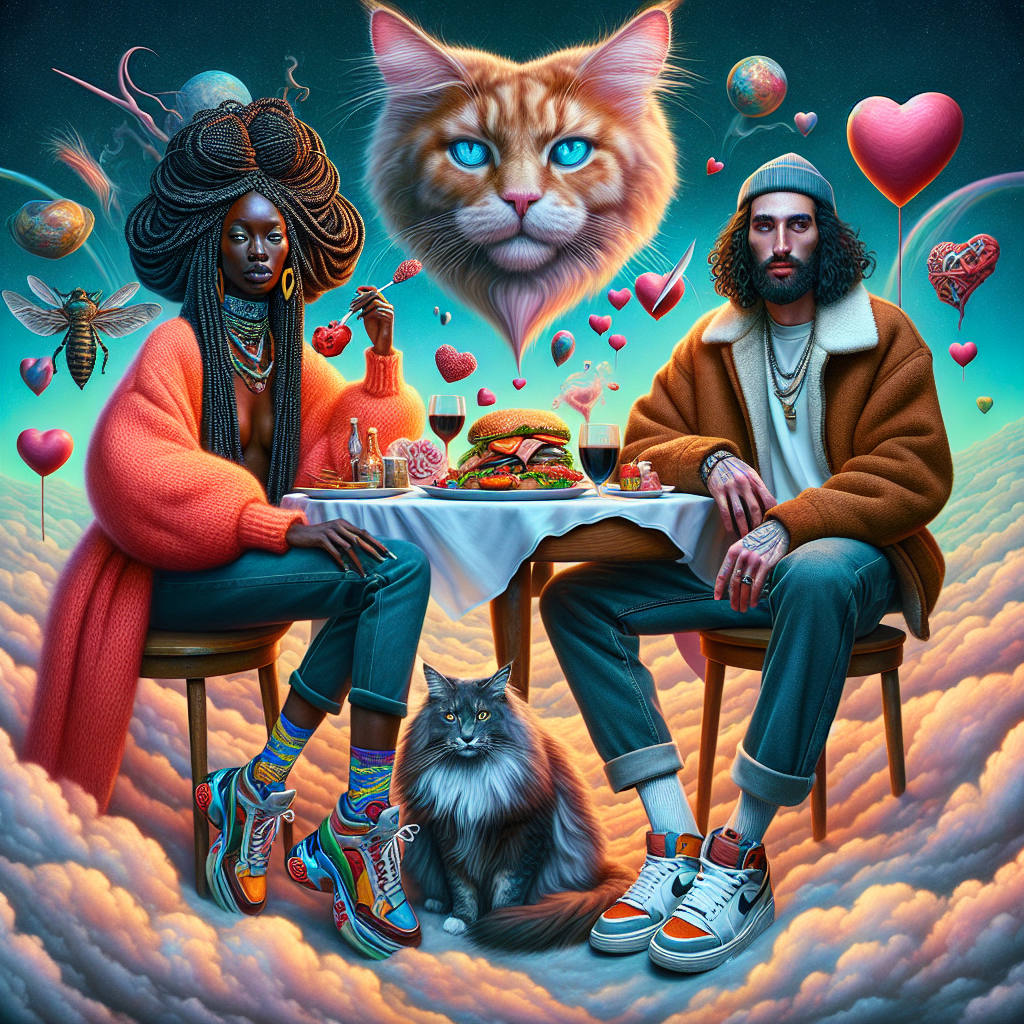 Medium brown black woman with braids, Caucasian man with Dark hair and dark beard blue eyes, Maine coon hairy cat, Sneakers, air jordan, and Food Valentines-day Card