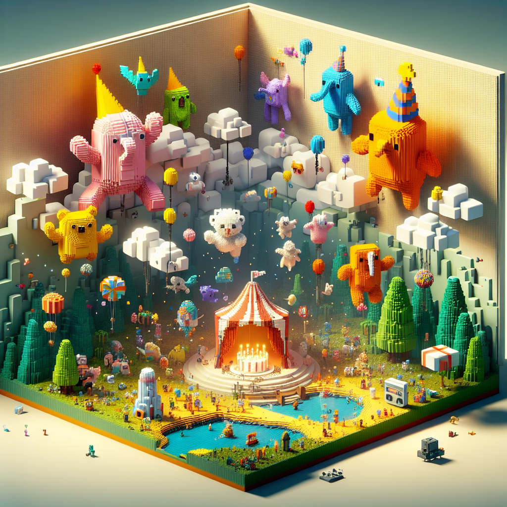 Imagine a whimsical birthday scene where the framework of the surroundings is influenced by the cubic vegetation of a popular voxel-based sandbox game. Vibrant creatures, resembling playful fantasy animals, are joyfully interacting with the landscape. In the heart of the setting, a digital circus transpires, with shapes and pixels creating the circus tent, while a group of cheerful imaginary creatures move about, adding an element of happiness. Hovering above, characters similar to a multi-colored group of friendly cartoon beings, drawn in rich, vivid colors, are enjoying themselves in the sky, contributing to the charm of the surreal birthday celebration.
Generated with these themes: Minecraft, Pokemon, Rainbow friends, Digital circus, and Smiling critters.
Made with ❤️ by AI.