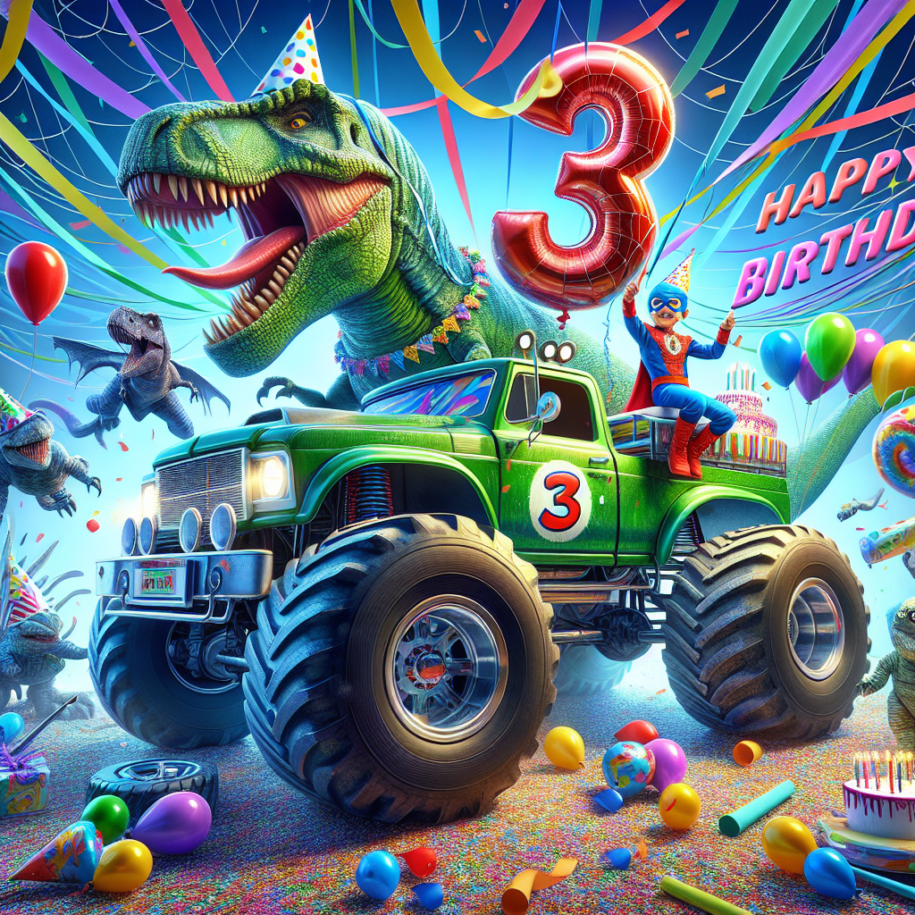 Monster Trucks, Dinosaur , Spider-Man , and 3 Birthday Card