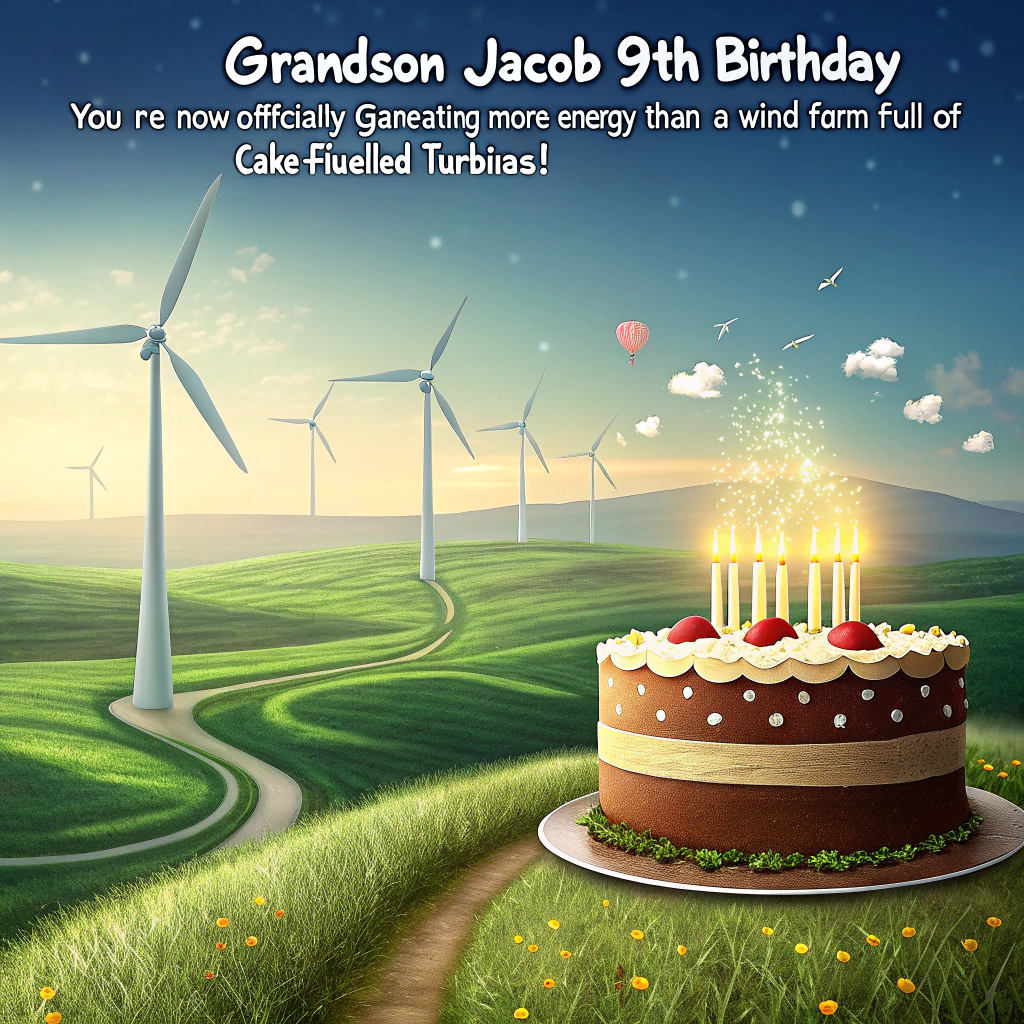 At the top of the image, "Grandson Jacob 9th Birthday – You’re now officially generating more energy than a wind farm full of cake-fuelled turbines!"

— Image Description:
A surreal and hyper-realistic photographic image of a wide, dreamlike landscape. In the middle of an endless green meadow, giant wind turbines stretch into the blue sky — but instead of blades, they spin with giant, rotating slices of birthday cake, lit candles trailing streams of glittering frosting through the air. In the foreground, a cheerful boy (representing Jacob) rides a flying bicycle powered by balloons shaped like cupcakes and lightning bolts. Around him, flocks of mechanical birds made from party hats and pinwheels wheel through the clouds. One wind turbine has “Party Power Co.” humorously stenciled on the side.
Generated with these themes: Wind turbines , and .
Made with ❤️ by AI.