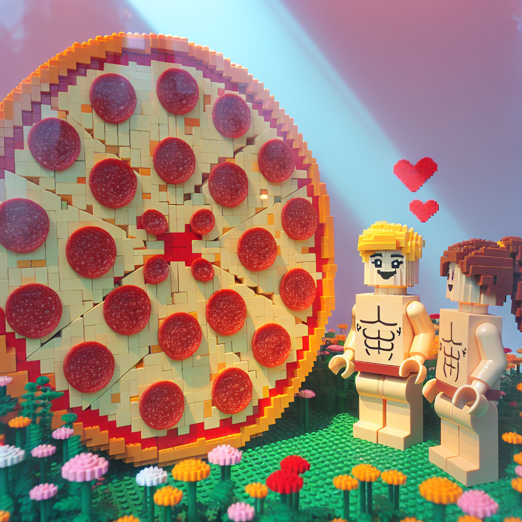 Pepperoni pizza made from lego, One blonde lego female smiling, One brunette lego female with ponytail, and Pastel lego flowers in the background Valentines-day Card