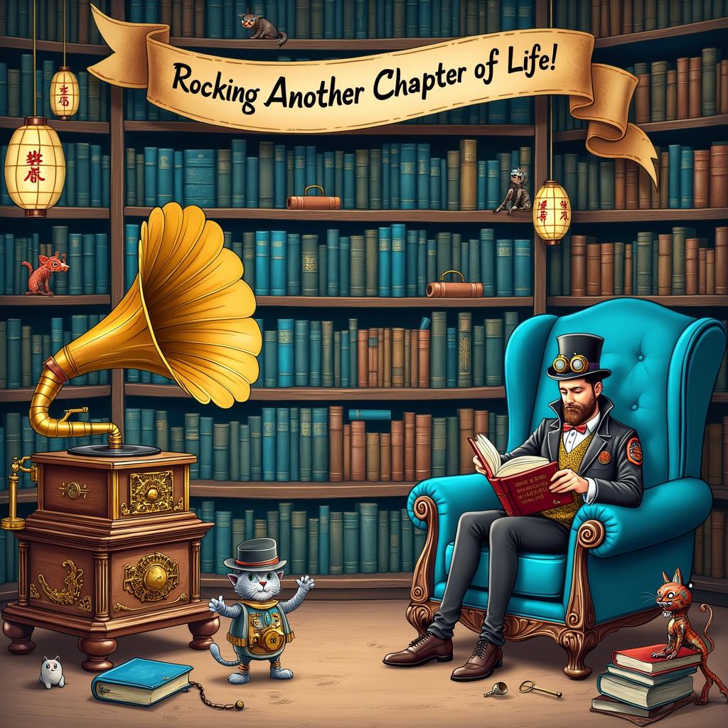In a whimsical and eclectic scene, envision a steampunk-inspired library room crowned by a grand, ornately carved oak bookshelf that stretches majestically up to the ceiling. This impressive structure brims with old tomes, each bound in intricate metallic covers equipped with whimsical gears. A few of these books boast covers that celebrate Japanese woodblock prints, showcasing vibrant landscapes and fierce samurais, with hues of blue dominating the artwork.

At the heart of the room sits a magnificent brass and copper mechanical phonograph, but instead of a traditional record, it spins an oversized vinyl labeled "Rock Legends: Greatest Hits." From its speaker, a cascade of musical notes and symbols float into the air, morphing into spectral images of legendary rock musicians, including a ghostly guitarist lost in an invisible solo.

In an oversized velvet blue armchair, a character lounges, clad in a delightful fusion of Victorian steampunk fashion and modern rock flair. With goggles perched atop a stylish top hat and a waistcoat adorned with brass buttons, they also sport a leather jacket decorated with band patches. Captivated by a hefty volume titled "True Crime: Mysteries of the Ages," their face is illuminated with a mix of fascination and amusement.

All around this central figure, elements of Japanese artistry create a charming ambiance. Delicate paper lanterns, inscribed with kanji symbols, dangle gracefully from the ceiling, while a koi fish tattoo subtly reveals itself from beneath the character's sleeve. Adding a playful twist, a cheeky clockwork cat, its mechanics exposed, pawns at one of the lanterns, while a small wind-up robot, donned with a detective’s hat and clutching a magnifying glass, takes on the task of investigating a mess of spilled books.

Above this delightful scene, a whimsical banner reads, "Rocking Another Chapter of Life!" in a playful, hand-drawn font, uniting the jubilant celebration of another year with an adoration for books, music, and a sprinkling of true crime intrigue.

The intricate and lively illustrations evoke the playful spirit of Quentin Blake, with nods to the Victorian elegance of Arthur Rackham, the mechanical charm of Edward Gorey, and the precise steampunk elements reminiscent of Gustave Doré. The vibrancy of rock music is captured in the energetic essence typical of N.C. Wyeth’s adventurous scenes. 

Generated with these themes: Books, Rock Music, Blue, Steampunk, Japanese art, and True Crime. 
Made with ❤️ by AI. 