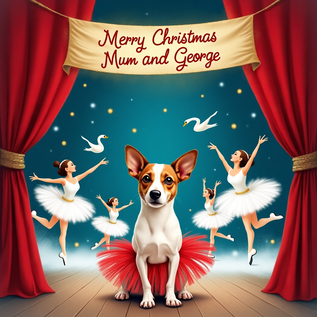 Theatre stage with red curtains, Jack Russel dog wearing tutu sat watching on the stage, Ballet dancers doing Cygnet dance from swan lake, Swans, and Merry Christmas Mum and George on banner Christmas Card