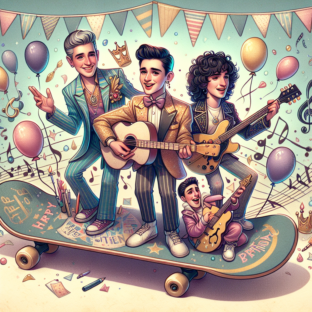 Elvis, Buddy Holly, Frankie Valli, skateboard Birthday Card
