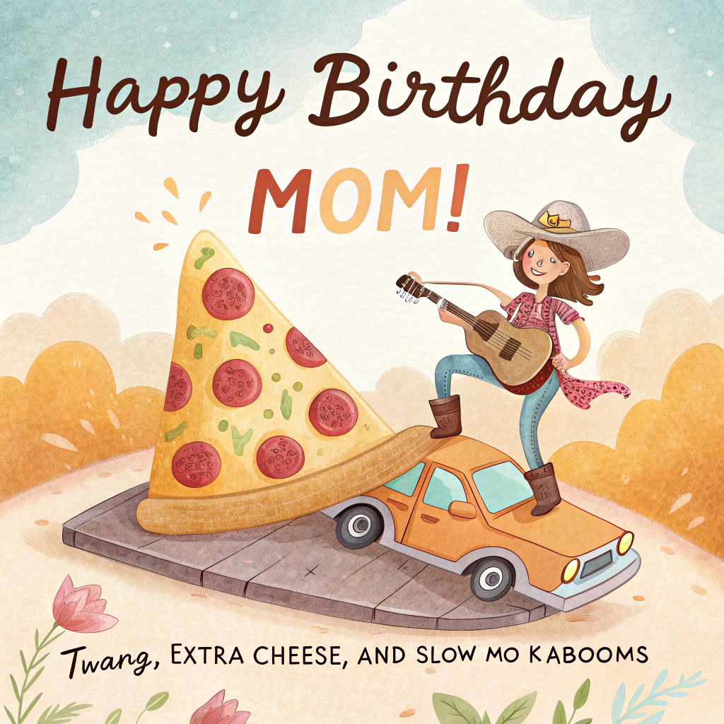 At the top of the Watercolor Style image, "Happy Birthday Mom!"

At the bottom of the image, "Twang, extra cheese, and slow‑mo kabooms."

Paint a soft, funny watercolor scene: center a cheerful pepperoni pizza slice wearing a rhinestone cowgirl hat and boots, strumming a tiny acoustic guitar while rodeo-riding a stunt car shaped like a pizza box as it launches off a ramp. Behind them, a big, fluffy pastel-orange “explosion” plume billows in slow motion—render it as delicate watercolor blooms with sparkly confetti speckles and a few flying popcorn kernels for over-the-top action-movie vibes (playful, not dangerous). Let film reels roll like desert tumbleweeds and curve a couple of cacti into subtle musical-note shapes. Use warm cheddar golds and pepperoni reds melting into denim-sky blues; keep everything airy with soft washes, gentle gradients, natural paper texture, pigment blooms, and light splatters. Leave generous clean wash space at top and bottom for the text; headline in bold hand-painted brush lettering (denim blue), punchline smaller and playful (pepperoni red). Overall mood: country twang meets pizza-fueled, mindless blockbuster chaos—sweet, cheeky, and celebratory.
Generated with these themes: Country music, Pizza, Mindless action movies, and .
Made with ❤️ by AI.