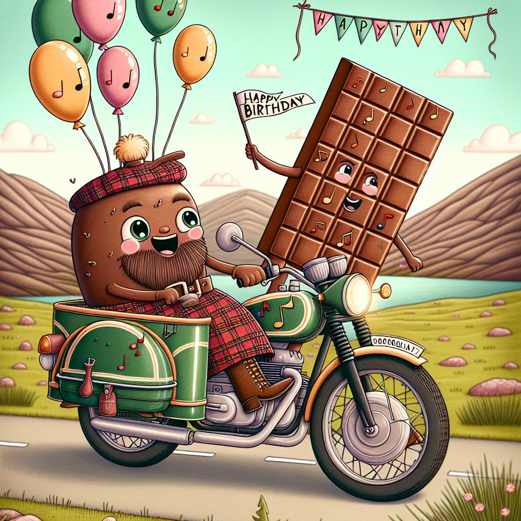 Create a lighthearted and whimsical illustration set against the beautiful backdrop of the Scottish Highlands. In the foreground, have a character, wearing a tartan kilt and having a playful glint in their eyes, ride a vintage 70s-style motorcycle which is adorned with musical notes and symbols. Have balloons tied to the back of the bike, bobbing cheerfully in the breeze, with a 'Happy Birthday' banner fluttering overhead. Next to our character, let's have an oversized bar of chocolate sitting in the sidecar doubling as a comical passenger and a delicious sweet treat, emphasizing the celebratory atmosphere.
Generated with these themes: Motorcycle , Music, Scotland , Chocolate , and 70s.
Made with ❤️ by AI.