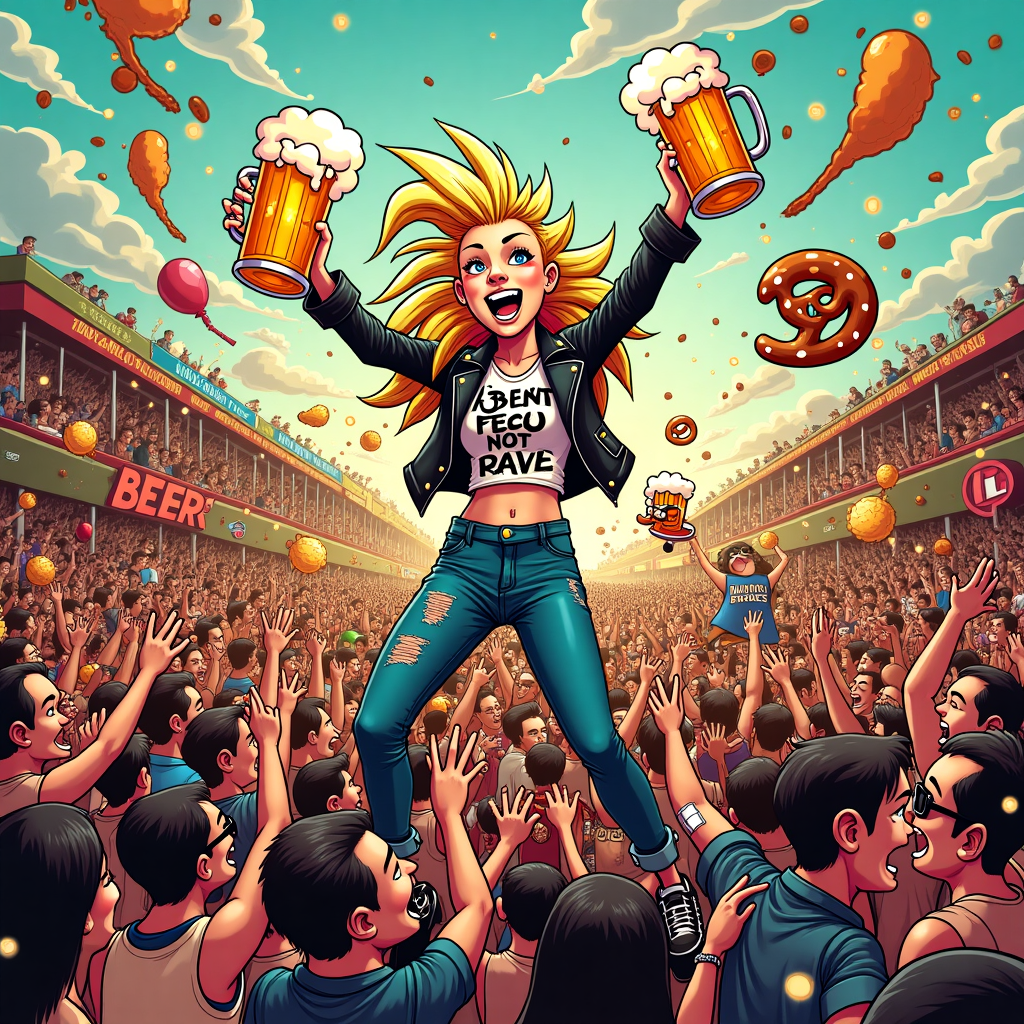 **Image Prompt:**

At the top of the illustration image: **"Happy BEER-thday, MAMI — Let’s get HOP-punk drunk!"**

A wild and vibrant punk rock beer festival in full swing! The scene is a chaotic and hilarious sea of partying people in ripped denim, studded leather jackets, neon mohawks, and beer hats—everyone rocking out to a live punk band on a beer keg stage. Right in the center of the madness stands MAMI, a blonde woman raised triumphantly above the crowd on someone’s shoulders, holding an overflowing beer stein in each hand with a massive grin. Foam is flying, partygoers are crowd-surfing on inflatable beer bottles, and there’s even a dog in a leather jacket holding a tiny pint. Banners overhead say “BEER NOT FEAR” and “MOHAWKS & MALTS”. Everything is full of exaggerated energy, cartoony style, with cheeky faces, spilled beer, and chaos, all in the spirit of celebration.

Bright, zany, and over-the-top with little Easter eggs of humor hidden throughout—like a dancing pretzel with sunglasses and a mosh pit full of people clinking their beers together.
Generated with these themes: MANY PEOPLE AND IN THE MIDDLE A BLONDE WOMAN WITH A BEER, PUNK ROCK AND LOTS OF BEER FESTIVAL , and HAPPY BEER-THDAY.
Made with ❤️ by AI.