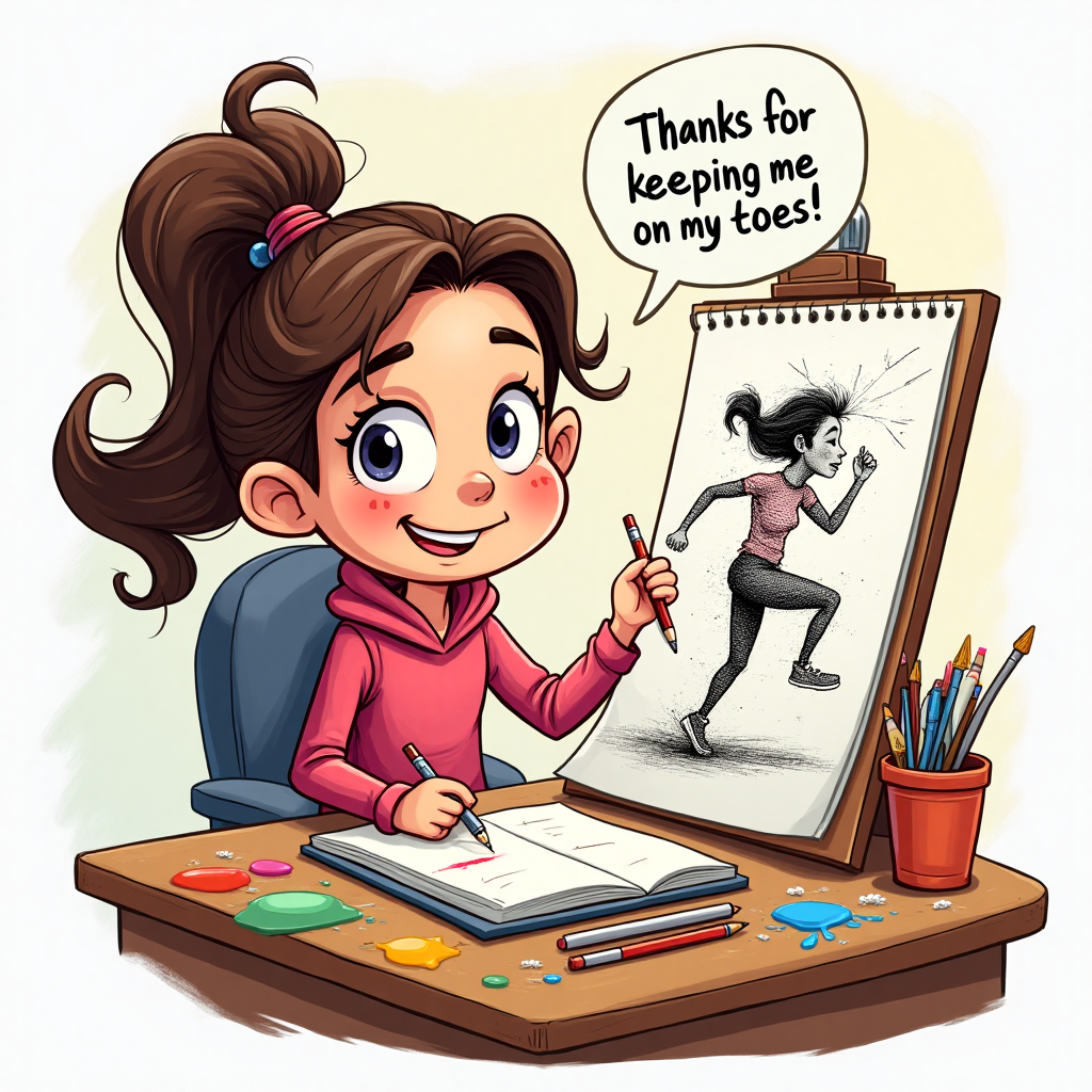 A brunette girl drawing a picture of the same girl running, and Thank-you Card