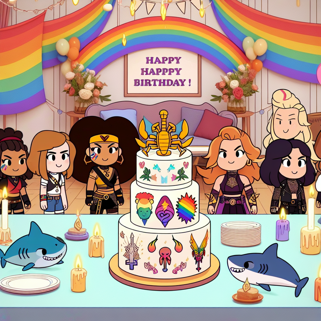 Imagine a delightful cartoon-themed birthday setup with influences from a cherished animated series about a female warrior and her diverse group of comrades, known for its celebration of diverse sexual orientations. The room is adorned with charming decorations and motifs that represent lesbian pride, in various rainbow colors. A standout cake in the middle of the setting is aesthetically adorned with elements inspired by the appreciated series, flanked by charming caricatures of a strong character with scorpion-like features and another character with nature-based powers. Cartoon sharks roam around the scene, bringing in an element of playfulness and harmless danger to the whimsy birthday theme. Each character and object in this image is designed in a cute cartoonish style.
Generated with these themes: Shera and the princesses of power, Lesbians, Cake, Scorpia, Perfuma, and Sharks.
Made with ❤️ by AI.
