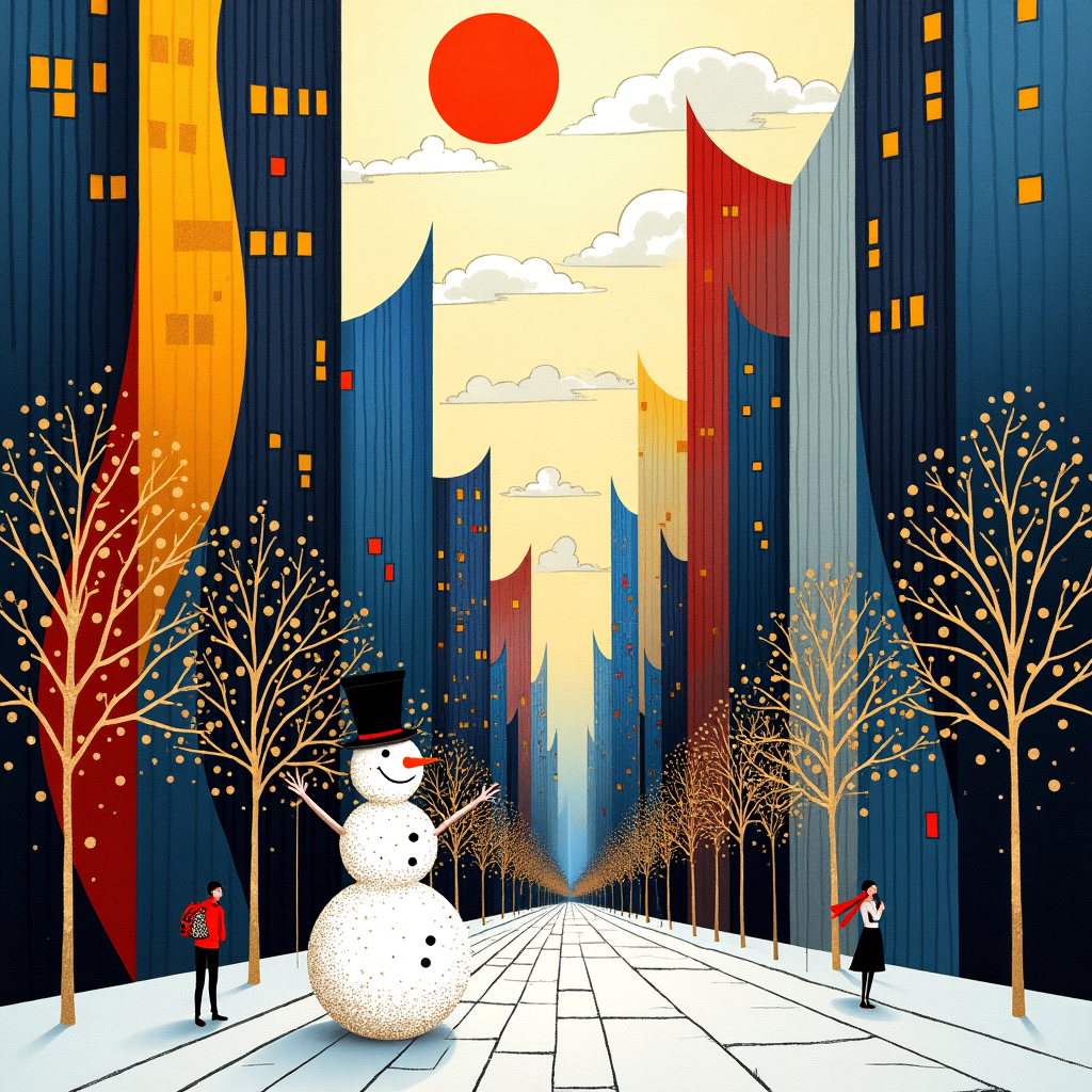 On the front cover of this Christmas greeting card, envision an abstract wonderland where high-end architecture meets holiday whimsy. The scene is a fusion of skyscrapers that resemble glittering Christmas trees, their facades adorned with strings of vibrant Mondrian-esque colored lights — blocks of red, yellow, and blue interspersed with white. These structures twist and turn with Kandinsky's fluidity, defying gravity, much like the tall, angular branches of a festive fir.

In the foreground, a Jackson Pollock-inspired snowman stands proudly, its body composed of splatters and drips in shades of white and silver, with a playful touch of gold to mimic tinsel. The snowman wears a top hat that echoes the sleek silhouette of a de Kooning skyscraper, complete with minuscule twinkling windows etched into the dark fabric.

Suspended in the sky is a Rothko-style sun, a bold orange and red orb that radiates warmth over the cityscape, contrasting against the cool, swirling blues and whites of the Miró-inspired clouds, which float whimsically like cotton candy. Below, the streets are abstract paths of Malevich's geometric patterns, echoing cobblestones made from interlocking trapezoids and triangles that suggest pathways leading to unknown festive adventures.

Cy Twombly's swirling line art embellishes the edges of the buildings, creating a sense of movement as if a gentle breeze is weaving through the urban winter wonderland, tugging at the scarves and hats of abstracted, faceless figures who stroll through this imaginative city. The entire scene is framed by a delicate, grid-like pattern inspired by Agnes Martin, reminiscent of snowflakes or intricate architectural blueprints, completing this high-end architectural Christmas fantasy.
Generated with these themes: High End Architecture.
Made with ❤️ by AI.