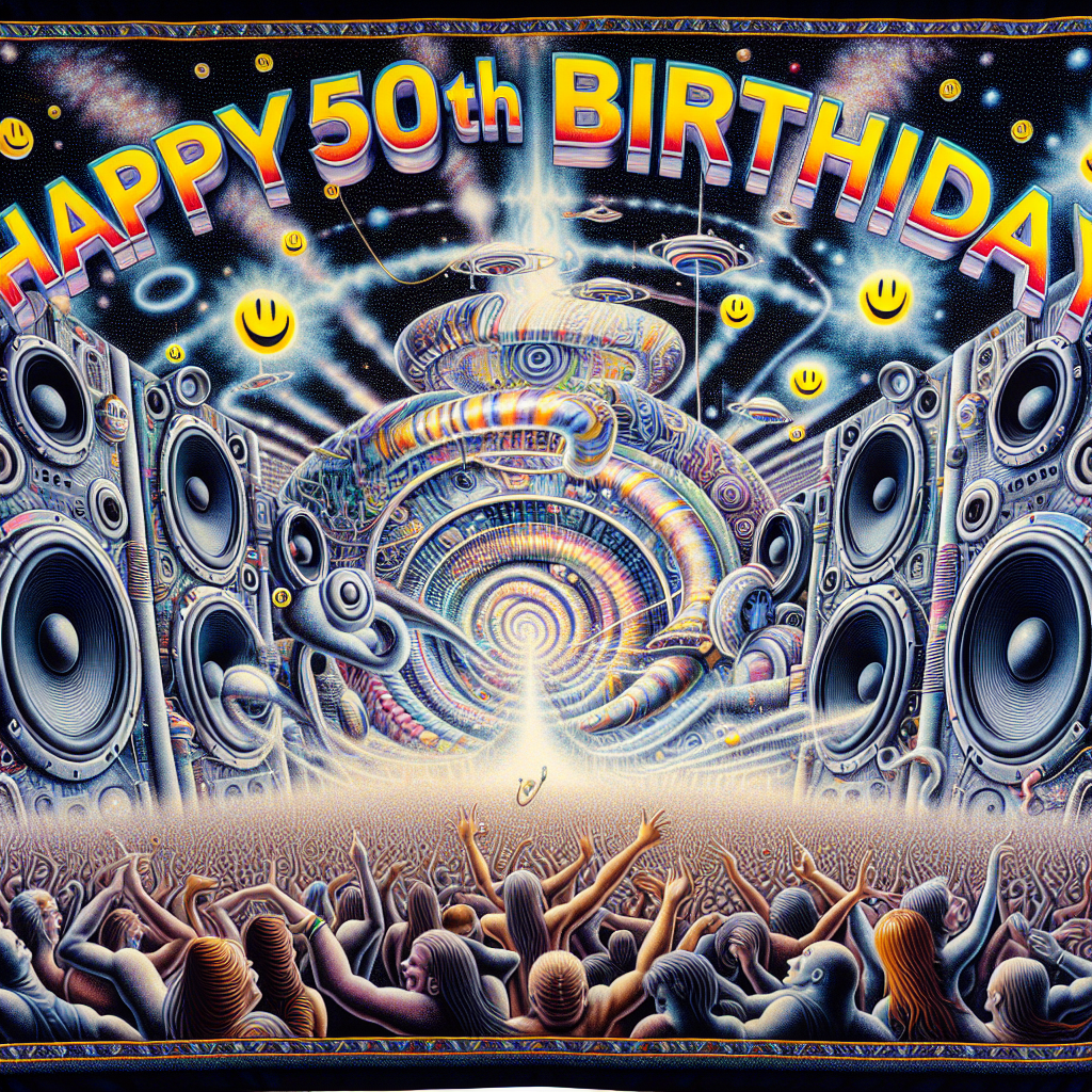 Happy 50th Birthday, Terry, 90's Rave Scene, Acid Techno music, Speakers, Smiley faces, Dancing Birthday Card