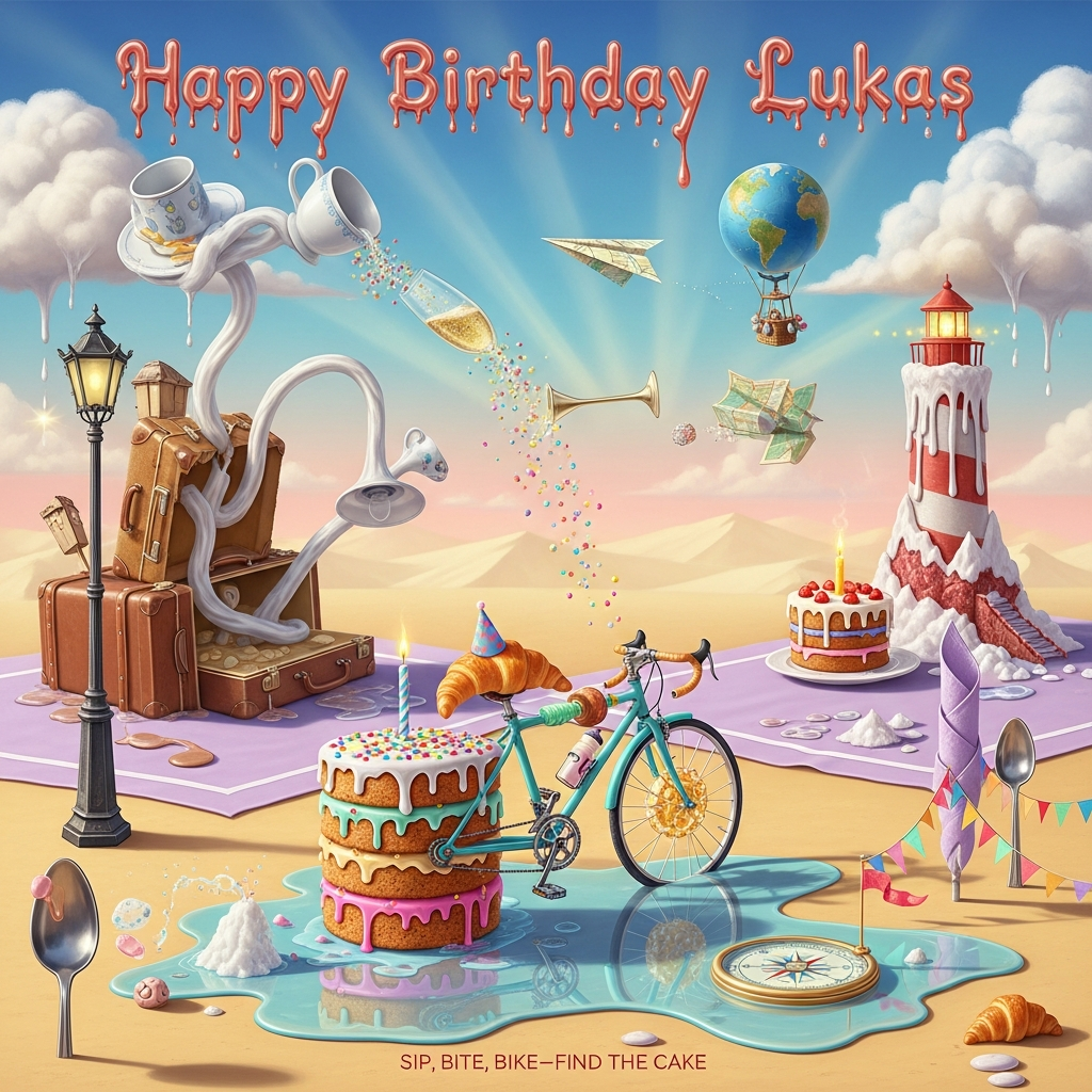 At the top of the Surreal Style image, Happy Birthday Lukas in glossy cake-icing script, gently melting like sugar under a dreamy sun.

Dali-inspired dreamscape: a whimsical touring bicycle rides itself across pastel tablecloth dunes. Its wheels are layered birthday cakes oozing frosting, sprinkles as spokes; fork handlebars, a croissant saddle, and a shimmering chain made of bubbly golden drink. The bike wears a tiny party hat and leaves curly icing skid marks behind. To the left, a beautiful “lost place” — an abandoned travel terminal built from half-melted vintage suitcases and toppled goblet streetlights — casts long elastic shadows. To the right, a towering tiered cake-mountain lighthouse drips sugar stalactites from a single glowing candle. Above, cotton-candy clouds morph into teacups and champagne flutes, pouring a starry, fizzy stream that turns into confetti as it falls; a globe hot-air balloon with a tiny luggage basket drifts by, and a paper airplane folded from a map glides overhead (no legible text). In the foreground, a melting compass puddle reflects the bike and the candle-lit cake, while spoon-trees and napkin flags sway gently.

Dreamlike surrealism, melting forms, otherworldly scale, ethereal golden-hour lighting with soft bloom and volumetric rays; candy-colored palette (peach, mint, lavender, vanilla); painterly oil texture, crisp focus on the bicycle with dreamy depth of field; funny, whimsical mood.

At the bottom in small playful type: Sip, Bite, Bike—Find the Cake.

No other text.
Generated with these themes: Drinking, eating, biking, traveling, lost places, cake, and .
Made with ❤️ by AI.