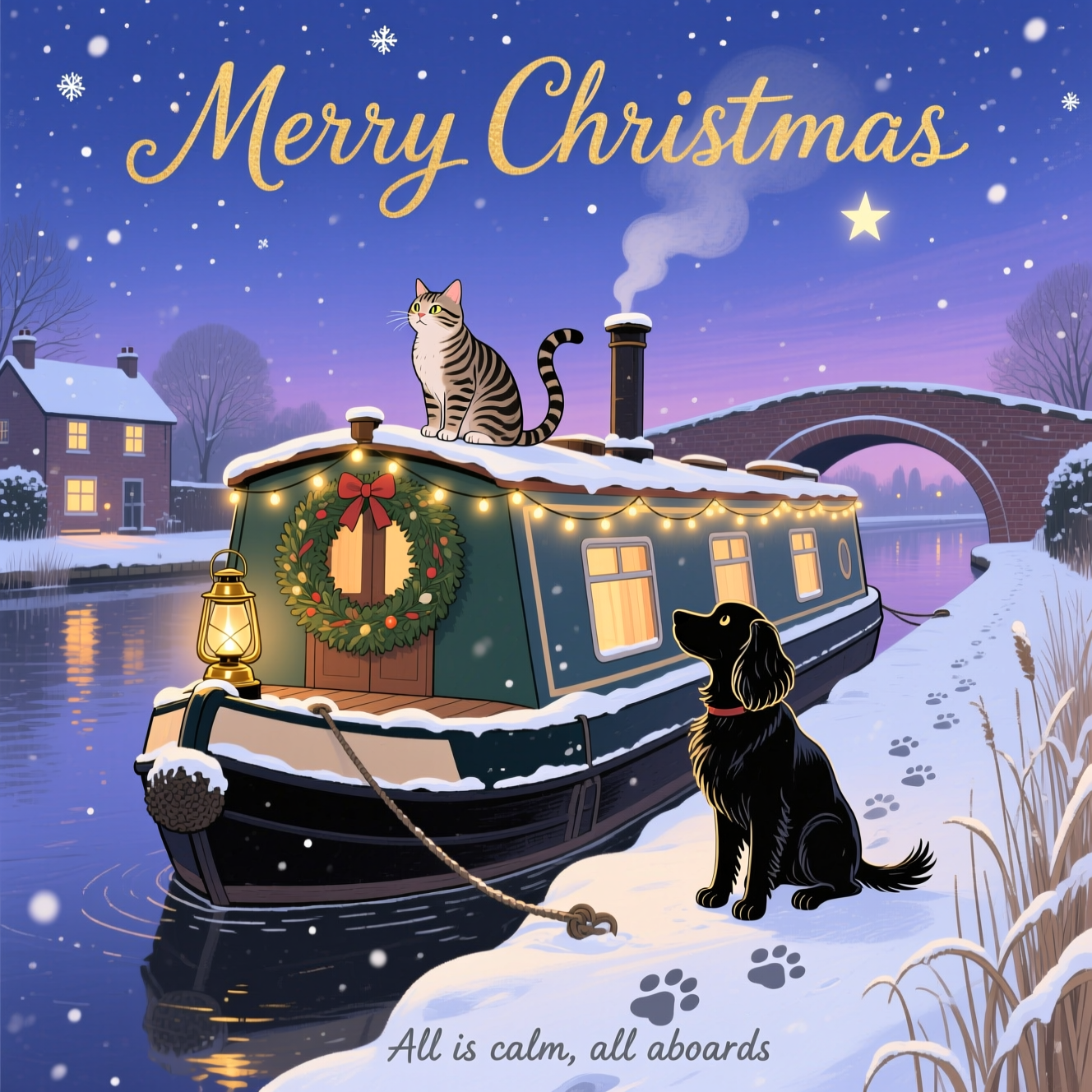 At the top of the Illustration Style image, Merry Christmas
Hand-drawn illustration with fine linework and textured brush strokes, balanced composition, warm expressive color palette, sincere and tranquil mood. Winter twilight on a quiet canal: a classic narrowboat moored at a gentle angle, roof sugared with fresh snow, a soft string of warm fairy lights along the cabin, a lush wreath on the bow, a brass lantern glowing, and a thin chimney wisp drifting into the indigo sky. A mackerel tabby cat sits serenely on the cabin roof near the chimney, tail curled, watching the softly falling flakes. A glossy black spaniel with feathered ears stands on the snowy stern deck (or on the towpath with paws up on the gunwale), looking up to the cat with friendly curiosity; their breath visible in the chill. The still canal mirrors the lights and dusky sky; frost-rimmed reeds in the foreground; delicate pawprints on the towpath. Background hints of an arched brick bridge and distant cottage windows glowing; sky gradient from deep midnight blue to violet with one bright star. Keep generous open sky at the top for the title; boat and companions occupy the lower two-thirds; subtle paper grain, gentle vignette, and soft bokeh snowflakes. Title lettering rendered in warm gold hand-lettered script with a light snowy sparkle, understated and heartfelt. Optional tiny caption at the bottom center in warm gray hand-lettering: All is calm, all aboard.
Generated with these themes: Narrow boat snow tabby cat black spaniel , and .
Made with ❤️ by AI.