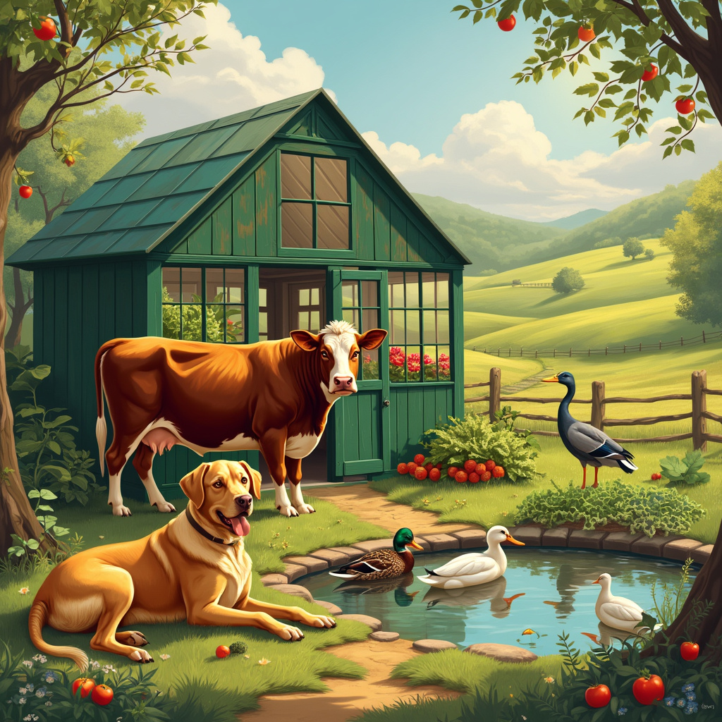 Green house, Hereford cow,  ducks, Yellow Labrador,  Herron, and Vegetables Birthday Card