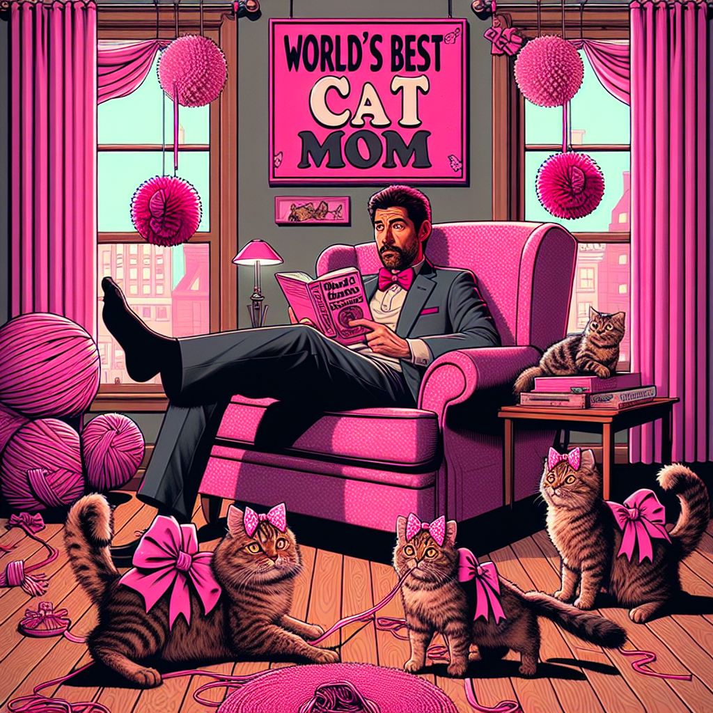 Imagine a warm and comfortable living room adorned with pink decorations for Mother's Day. In this cozy setting, a man who shares uncanny similarities with a well-known television detective lounges comfortably in an armchair. His company consists of playful cats adorned with cute ribbons and bows, creating a delightful scene of mischief and fun. A garishly pink poster exclaims 'World's Best Cat Mom,' comically emphasizing the absence of an actual human mother. The man seems engrossed in a law book titled 'Feline Rights,' while the cats frolic with a large, pink ball of yarn, adding a fantastical and whimsical touch to the scene.
Generated with these themes: Perry Mason, cays, pink.
Made with ❤️ by AI.
