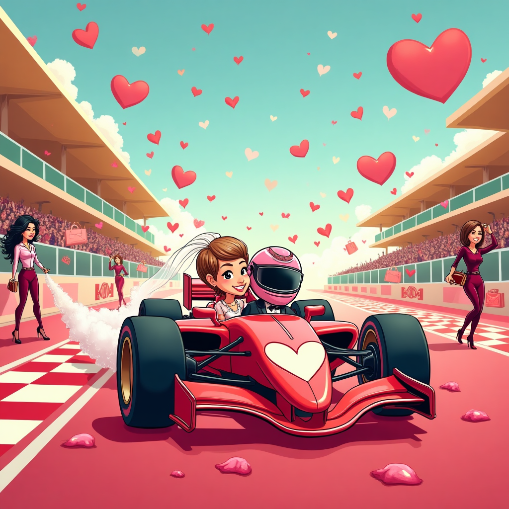 At the top of the Cartoon Style image, "Congratulations on your wedding day"

Playful, romantic cartoon scene with exaggerated proportions, thick outlines, and bright saturated colors: A candy-red, heart-nosed Formula 1 car zooms across a heart-shaped racetrack that doubles as a fashion runway. The newlyweds ride side-by-side in the cockpit, beaming—bride in a chic, flowing veil that trails like speed ribbons, groom in a sharp tux with racing gloves. Their helmets (propped up) are decorated with tiny hearts and handbag icons. Oversized glossy handbags are integrated into the car as whimsical sidepods and exhausts; two mini handbag “tin cans” clink behind the car. The couture-styled pit crew—fashion-forward friends in bold outfits and heels—wave checkered flags and brandish giant handbags as pit tools, while perfume-bottle fuel rigs mist heart-shaped sparkles. Rose petals and checkered confetti swirl in the air, tire smoke puffs into hearts, and motion lines add energetic whimsy. Background grandstands glow with champagne-gold light and soft blush banners featuring stylized handbag motifs (no logos). Palette: candy red, blush pink, sky blue, champagne gold, and emerald accents. Render with thick black outlines, cel shading, high contrast highlights, and a soft romantic glow. Place the title in a checkered-heart ribbon banner at the top.

Add one small extra text element: a pit-board sign near the bottom right reading “Fueled by love and haute horsepower!” in playful handwritten lettering.
Generated with these themes: Formula 1 racing , Handbags , Fashion, and .
Made with ❤️ by AI.