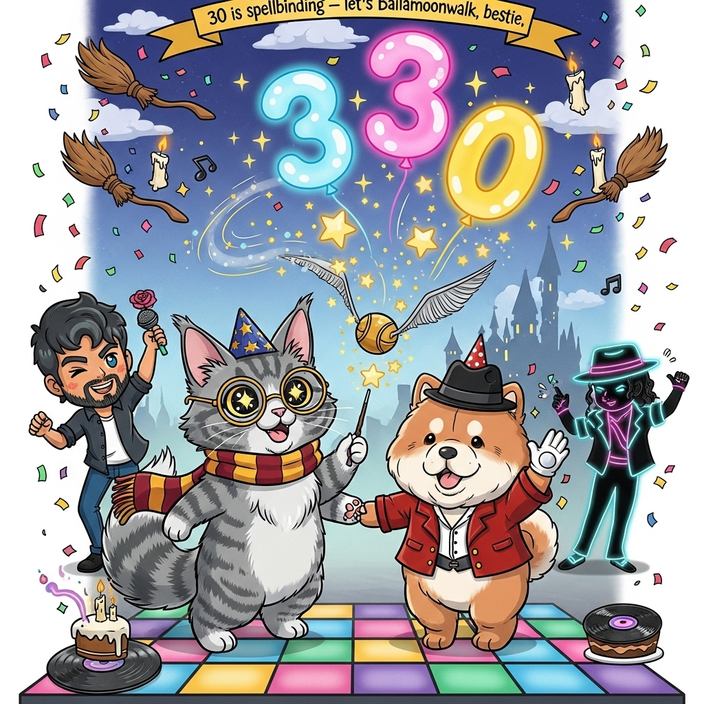 Cute, playful cartoon, tall vertical composition with a big central scene. Center: a fluffy grey-and-white Maine Coon with huge sparkly eyes, round wizard glasses, and a burgundy-and-gold striped scarf, swishing a wand; its magic turns into glittering stars, a golden snitch, and giant glowing number balloons “3” and “0.” Beside it, an extra-plush cream Chow Chow in a tiny red Thriller-style jacket, tipped black fedora, and one sparkling white glove, moonwalking across colorful disco tiles. Background: Harry Potter vibes—floating candles, broomsticks, and a whimsical castle silhouette—plus confetti, streamers, and a vinyl-record cake. Cameos: a cute chibi Enrique Iglesias with open-collar shirt, stubble, and microphone winking and tossing a rose on one side; a chibi Michael Jackson neon silhouette doing a hat-tip pose on the other. The cat and dog paw-bump like best friends, beaming. Style: exaggerated proportions, thick black outlines, bright saturated colors, soft cel shading, bouncy motion lines, glossy highlights. Add a small curved ribbon near the top with hand-lettered text (single short line): “30 is spellbinding — let’s Bailamoonwalk, bestie!”
Generated with these themes: Grey and white Maine coon, Cream chow chow, Harry potter, Enrique Iglesias , Best friend, 30, Michael Jackson , and .
Made with ❤️ by AI.