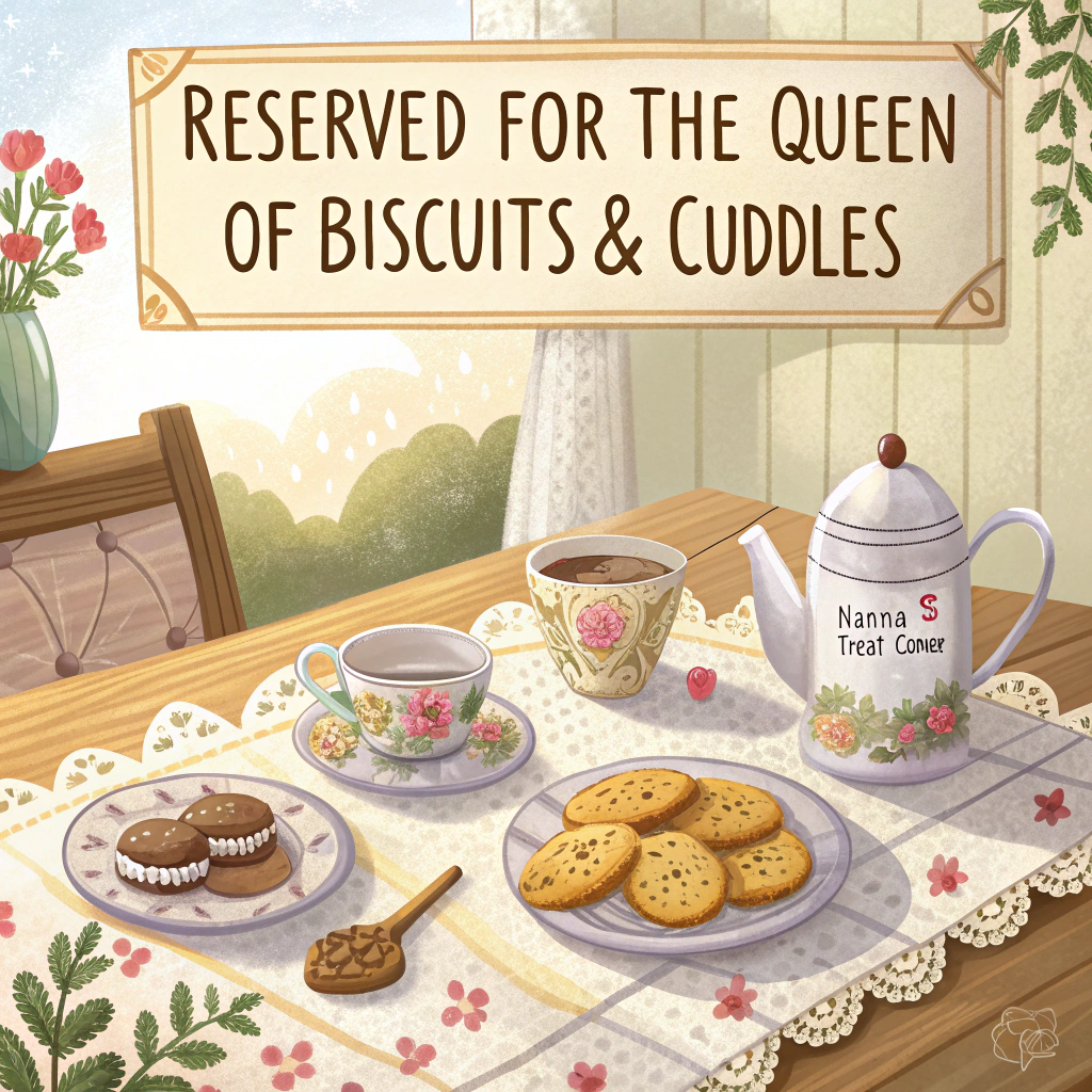 At the top of the image, "Reserved for the Queen of Biscuits & Cuddles"

- Create a realistic photograph of a cozy, sun-drenched kitchen table set for tea. On the table, place a fine china teapot, two floral teacups, and a tin of assorted biscuits with one cheeky cookie mid-bite.

- Add soft, hand-knitted doilies beneath the dishes and a tiny hand-painted sign that reads “Nanna’s Treat Corner” leaning against a sugar bowl.

- In the background, a well-worn armchair with a folded patchwork quilt rests by a window framed with lace curtains. Sunlight pours in, illuminating the warmth and love of this quiet moment, perfect for Mother’s Day.
Generated with these themes: nanna .
Made with ❤️ by AI.