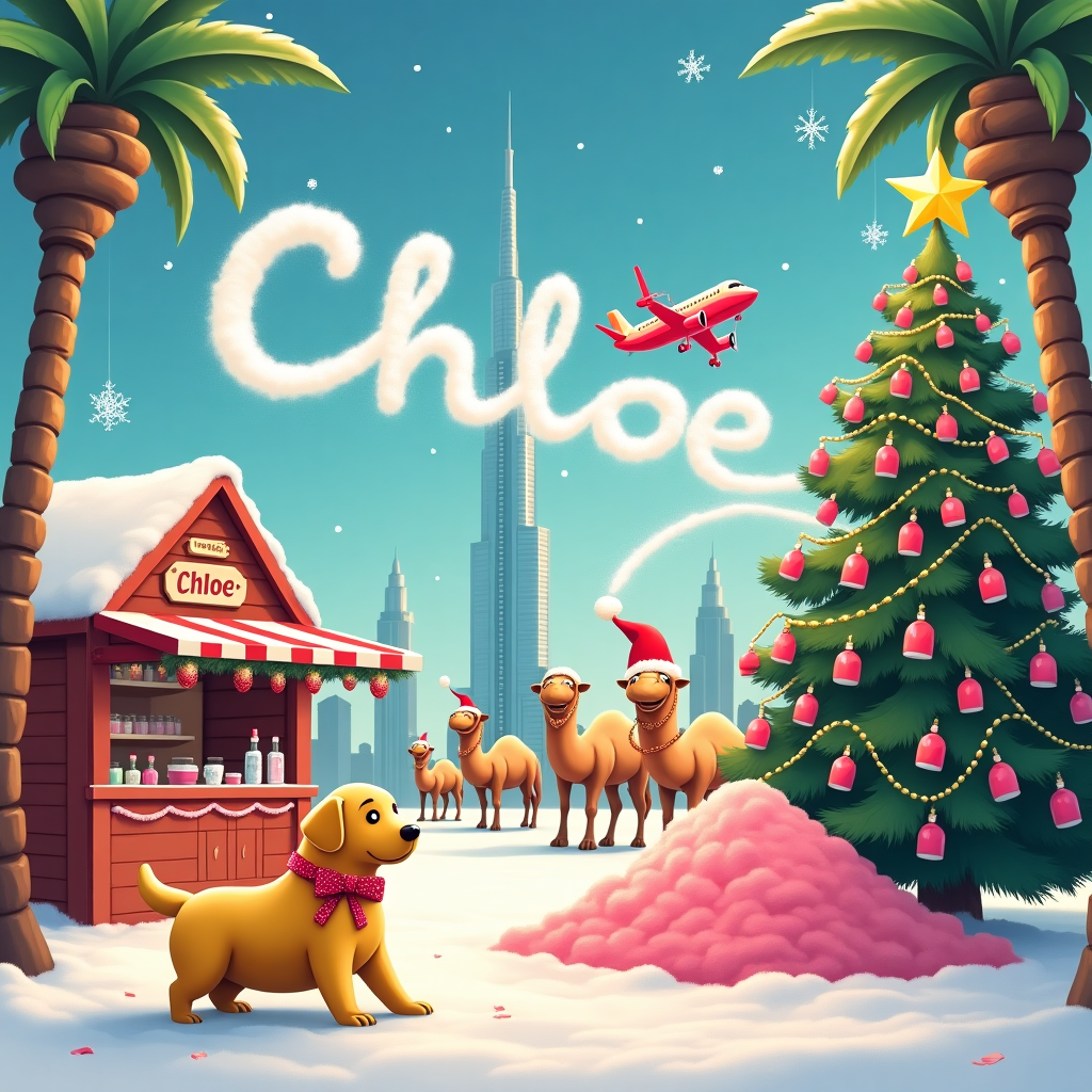 In the bustling metropolis of Dubai, a whimsical Christmas scene unfolds. The towering Burj Khalifa gleams in the background, adorned with sparkling lights and a giant star at its peak. At the forefront, a mischievous yellow Labrador, with a festive red bow around its neck, energetically digs into a giant pile of pink-colored snow. Nearby, a small group of cheerful camels, each with a comically oversized Santa hat, sip daintily from elegant teacups, with steam swirling into the cool desert air.

In the center, a festive Christmas market has sprung up, where a wooden stall painted in bright festive colors is adorned with garlands of candy canes and Christmas baubles. The sign above reads "Nail Art Station," where an elf dressed in an ornate Arabian costume decorates a Christmas tree with nail polish bottles in every shade of pink imaginable. The bottles hang like shimmering ornaments, reflecting the vibrant market lights.

High above this charming scene, a skywriting plane has just completed a loop, leaving behind a fluffy, white trail in the shape of the name "Chloe." The letters gracefully float across the clear sky, casting gentle shadows over the festive commotion below. A light sprinkle of snow starts to fall, dusting the palm trees and adding a touch of winter magic to the desert scene, making it a truly unique and heartwarming Christmas card cover.
Generated with these themes: Nails, Dubai, Labrador, Pink, and Cup of tea.
Made with ❤️ by AI.