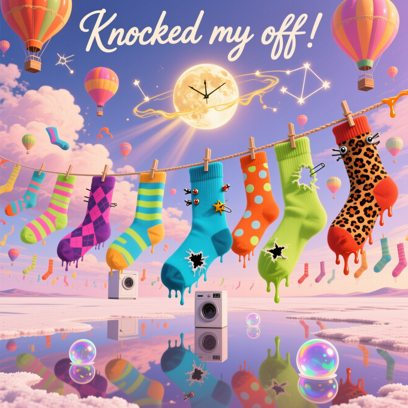 Dozens of colorful socks in the sky, and Thank-you Card