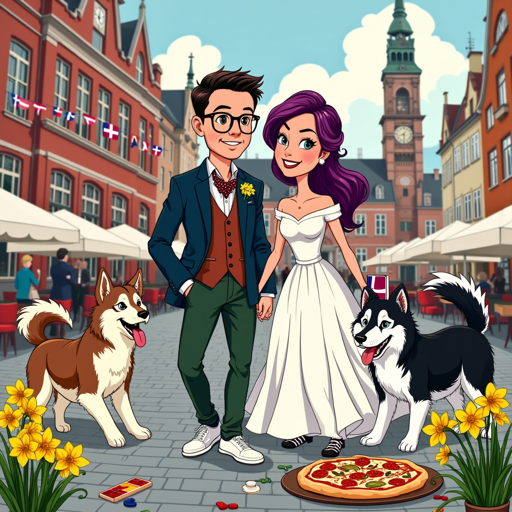Dark haired groom with glasses, wearing dark green trousers and blue jacket , Purple haired bride, with her hair up in a side braid, wearing shirt white dress with short sleeves and white trainers , Brown and white female Malamute with a fluffy tail.  , Black and white female Malamute with a fluffy tail , Copenhagen , Town Hall wedding , Daffodils , Pizza , Danish flag , and Board games Wedding Card