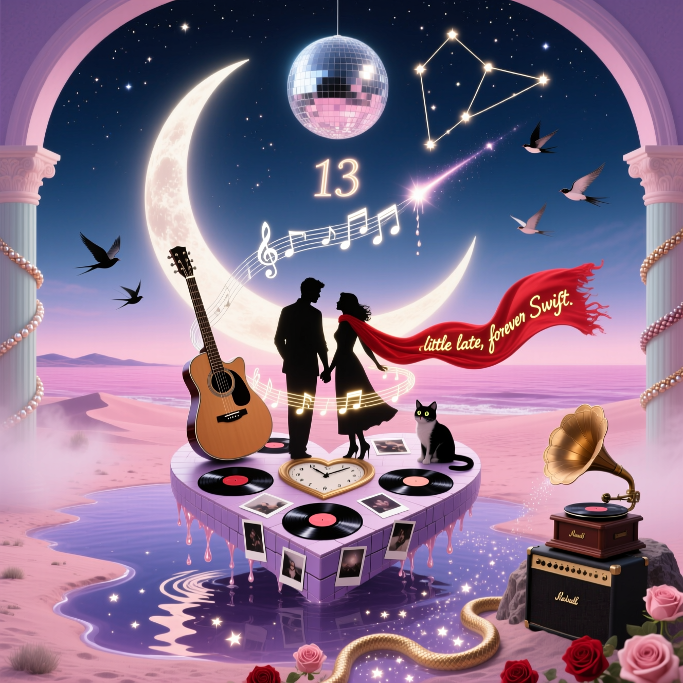 Romantic anniversary, dreamlike surrealism (Dali-inspired): A lavender desert melts into a blush-pink sea under a midnight-teal sky; a crescent-shaped acoustic guitar arches like a moon across the horizon, its silver strings drooping into puddles of time where soft, melting heart-shaped clocks drip and pool. Center stage floats a heart-shaped platform mosaicked from vinyl records and Polaroids; on it, two lovers hold hands, their silhouettes woven from glowing sheet-music notes. A long red scarf spirals around them, unfurling into comet tails. Above, a mirrorball moon scatters pearlescent stardust; a constellation twinkles as the number 13. Flocks of swift birds trace musical staves, while pastel pillars of braided friendship bracelets rise like surreal archways. A galaxy-eyed cat perches on an amp-shaped rock; a gramophone pours a river of stars that becomes a path of roses. Hints of serpents dissolving into satin ribbons drift in the haze. Colors: rose-gold, blush, mauve, midnight blue; ethereal, pearlescent lighting, soft bloom, dreamy haze, gentle volumetric rays. Ultra-detailed yet painterly with melting edges; romantic, tender mood. Vertical composition, 4:5, generous upper-sky negative space, soft vignette, subtle film grain, shallow depth of field with heart-shaped bokeh.

Include a small, elegant caption integrated along the curve of the red scarf in pearlescent gold handwritten script:
“A little late, forever Swift.”
Generated with these themes: Taylor swift, Late, and .
Made with ❤️ by AI.