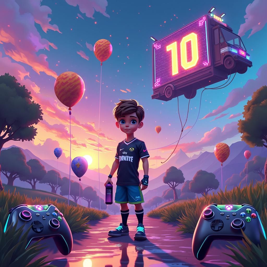 In the foreground stands a 10-year-old boy with brown hair and sparkling blue eyes, dressed in a futuristic football jersey adorned with neon accents that pay homage to both football and Fortnite. He clutches a Prime drink bottle, its sleek metallic finish accented by vibrant colors and a subtly glowing logo. Surrounding him is a dreamlike, surreal landscape where floating Xbox controllers create a whimsical path beneath his feet. In the background, an enormous Fortnite battle bus hovers in the sky, anchored to the ground by glowing, ethereal ropes, and decorated with birthday balloons, each emblazoned with a stylized number '10' to celebrate his age. In one corner of this enchanting scene, a massive digital scoreboard displays the number '10' in a nostalgic pixelated font, reinforcing both his age and his passion for gaming. Ethereal, translucent footballs drift nearby, each featuring intricate futuristic patterns inspired by geometric vector art. The sky above transforms into a mesmerizing blend of colors, evocative of a digital sunset, with patterns and shapes reminiscent of the artistry of Malika Favre and Matt W. Moore. The entire scene pulsates with dynamic lines and vibrant contrast, reflecting the styles of Patrick Seymour and Cristiano Siqueira, culminating in a visually captivating and surreal birthday celebration that perfectly embodies the boy's interests.

Generated with these themes: Brown hair boy with blue eyes, Age 10, Football, Xbox, Fortnite, and Prime drink.  
Made with ❤️ by AI.