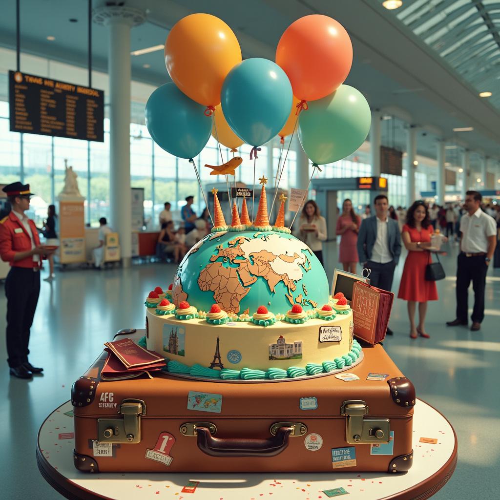Imagine a vibrant and bustling airport terminal, the kind you only see in movies, filled with birthday decorations. The main focal point is a comically oversized birthday cake shaped like a globe, complete with continents made of colorful frosting. Surrounding the cake are various travel-themed elements: a vintage suitcase plastered with stickers from exotic destinations, a pair of aviator sunglasses perched on top, and a passport sticking out of one of the pockets. Balloons in the shape of airplanes float above, tied to the suitcase with curly ribbons. There are people dressed as flight attendants and pilots handing out slices of cake, their uniforms humorously festooned with party hats and confetti. In the background, you can see a departure board where all the destinations whimsically read 'Happy Birthday' in different languages. There’s a row of life-size cardboard cutouts of famous landmarks like the Eiffel Tower, Statue of Liberty, and Big Ben, each with a speech bubble wishing the recipient a happy birthday. Off to the side, there's a little 'Travel Photo Booth' where party-goers can take pictures with props like binoculars, maps, and miniature globes. Even the security checkpoint has a funny twist: the metal detector arch is decorated with a banner that says 'Birthday Security: All Fun Allowed.' The scene buzzes with cheerful activity, capturing the spirit of adventure and celebration. 

**Summary:** This vibrant airport terminal scene features a birthday celebration complete with a globe-shaped cake, travel-themed decor, and cheerful activities, embodying the excitement of travel and festivity.  
Generated with these themes: Traveling.  
Made with ❤️ by AI.