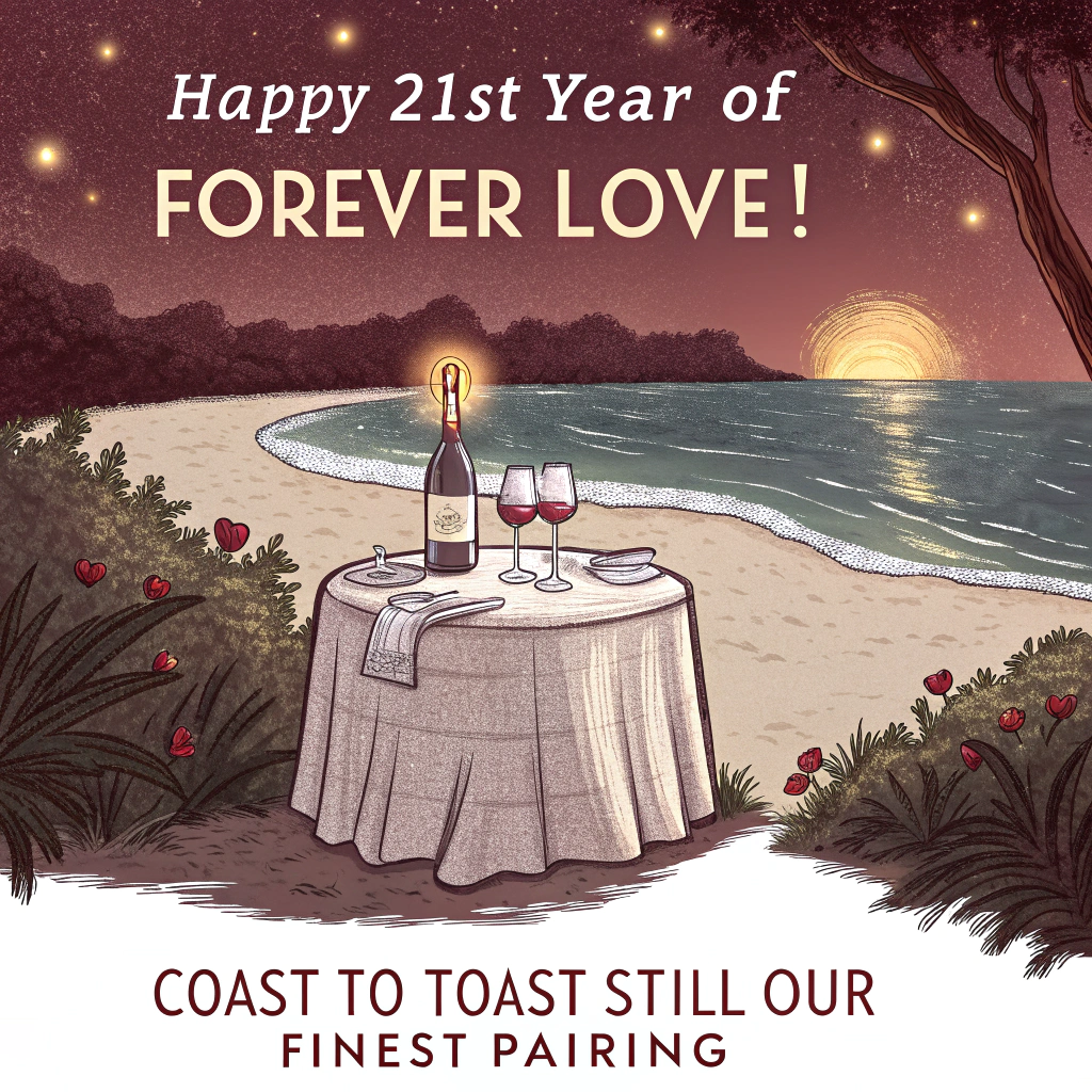 At the top of the Illustration Style image, "Happy 21st Year of forever love!"
At the bottom of the image, "Coast to toast—still our finest pairing."

Hand-drawn illustration with fine linework and textured brush strokes in a warm, expressive palette. A romantic, candlelit fine-dining setup on a tranquil beach at golden hour fading into starlit twilight. Centered on soft sand: a small linen-draped table for two with crystal wine glasses mid-clink (sparkling highlights), a deep-merlot bottle bearing a subtle embossed “21” on its label, and elegantly plated courses (buttery seared scallops, delicate pasta with basil and lemon zest). Glass hurricane candles glow amber; seashells and rose petals form a loose heart around the table. A driftwood arch wrapped in fairy lights and soft blush florals frames the scene; palms lean inward symmetrically. The ocean is a calm teal, with a gentle wave curling into a heart shape at the shore; a crescent moon and first stars shimmer above.

Composition notes: balanced and intimate; horizon slightly above midline; generous clean sky for the top headline; a softly textured sand band reserved for the bottom punchline. Include subtle paper grain, crisp ink-like linework, and painterly, textured color passes (blush and peach sky, champagne gold candlelight, sandy beige, teal sea, deep merlot accents). Optional silhouettes of two hands meeting at the stemware; keep faces unseen. Romantic, cozy, celebratory mood; no extra text besides the specified lines.
Generated with these themes: Wine, fine dining, beaches, and .
Made with ❤️ by AI.