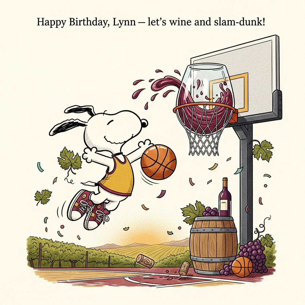 Snoopy, Wine, Basketball, and Birthday Card