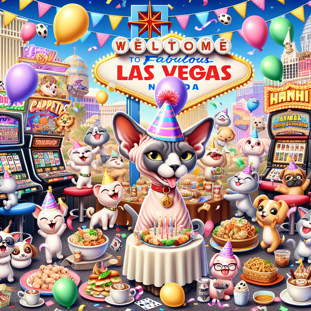 Imagine a delightful cartoon birthday theme with a joyous Sphynx cat, in a party hat, amidst a mini Las Vegas backdrop filled with cartoon-style casino signs and slot machines. Vivid balloons and streamers are strewn about, and a small party table is laden with delicious Asian cuisine, including dumplings and noodles. Several animated dogs in party attire are carefree, some dancing to visible pop music notes floating around. The ambiance is further enhanced by an inviting coffee corner serving unique birthday-themed drinks, adding a touch of coziness to the lively party atmosphere.
Generated with these themes: Sphynx cat, Las Vegas , Chinese food , Dogs, Pop music, and Starbucks .
Made with ❤️ by AI.