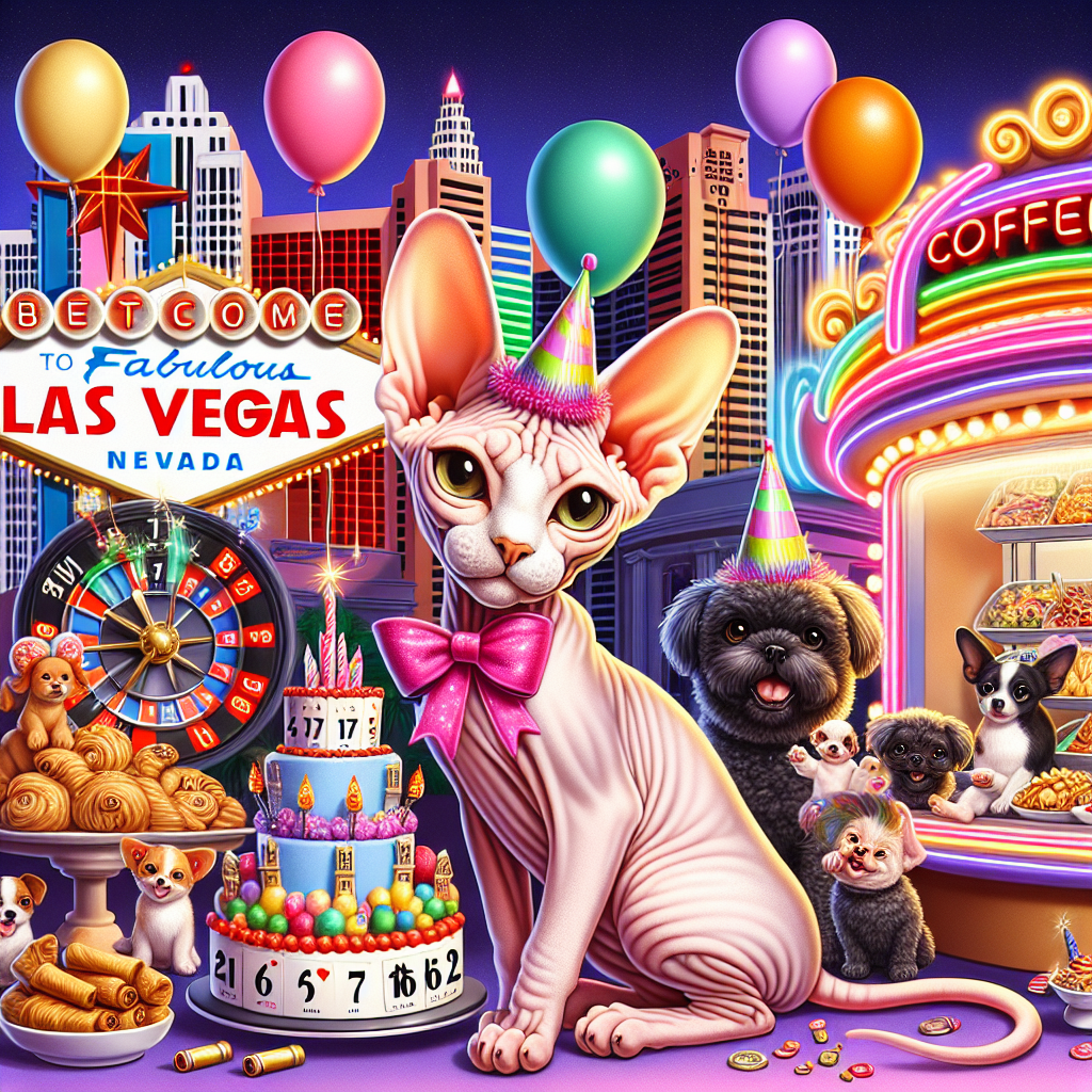A playful Sphynx cat wearing a festive birthday ribbon is poised in a whimsical, cartoonish rendition of Las Vegas, complete with iconic neon signs and miniature landmarks. Accompanied by a group of dogs in colorful party hats, wagging their tails to the rhythm of lively pop music, they all enhance the charming ambiance. Nearby, a roulette wheel-shaped cake sits next to a buffet of stylized Chinese food treats like spring rolls and sweet and sour chicken. Balloons ascend towards a coffee booth, whimsically dispensing mini cups of birthday cake-flavored lattes, elevating the adorable, imaginative, and celebratory atmosphere.
Generated with these themes: Sphynx cat, Las Vegas , Chinese food , Dogs, Pop music, and Starbucks .
Made with ❤️ by AI.