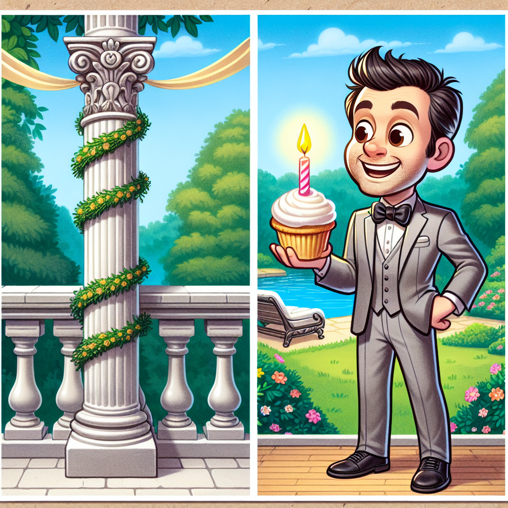 The second depiction is a cheerful birthday celebration where a tall, cartoon-styled man with distinctive facial features stands next to an elegant stone balustrade that overlooks a peaceful garden. The balustrade is festooned with streamers and birthday banners while the man holds a cupcake with a single, luminous candle.
Generated with these themes: Nicholas Cage, and Balustrade.
Made with ❤️ by AI.