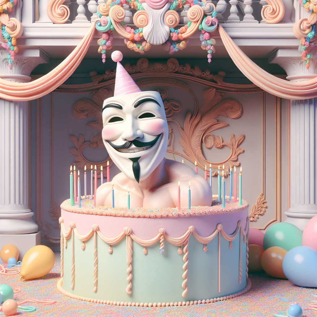 A festive birthday image characterized by soft pastel colors illustrates an anonymous beaming man, bearing a slight resemblance in physique to a Hollywood actor, delightedly emerging from a colossal, festively decorated cake. The cake is situated near an opulently detailed balustrade entwined in vibrant garlands and balloons, creating an air of whimsical celebration.
Generated with these themes: Nicholas Cage, and Balustrade.
Made with ❤️ by AI.