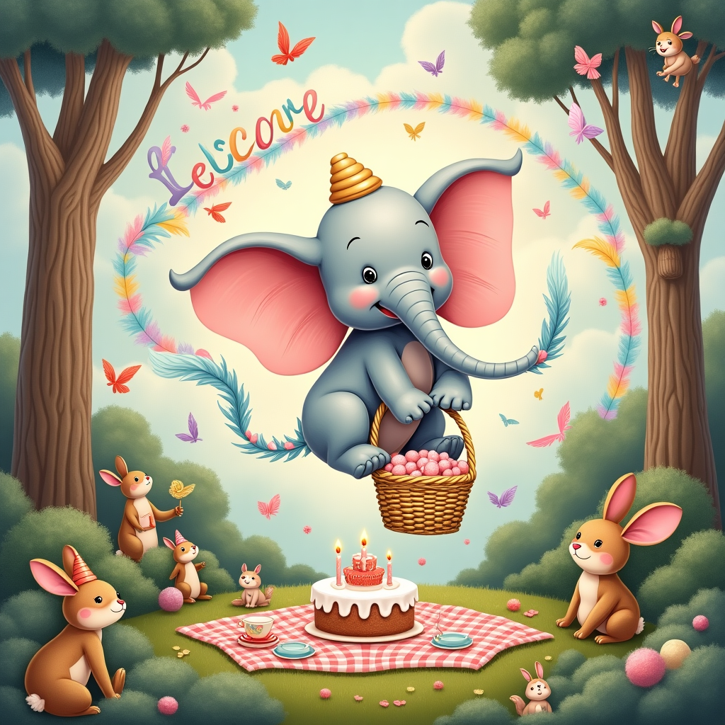 In the whimsical world of your greeting card, the scene unfolds in a vibrant, lush landscape reminiscent of a fantastical storybook. At the center, a jovial Dumbo the elephant with oversized ears and a cheeky smile is perched playfully on a fluffy cloud that resembles cotton candy. With a mischievous twinkle in his eyes, Dumbo is carefully cradling a wicker basket lined with pastel blue and pink feathers. The basket, swaying gently from the trunk of a friendly stork, is the focal point, adorned with a ribbon that elegantly loops to spell "Lachlan-Louis" in a playful, cursive script.

Above them, the sky is a wash of soft, dreamy pastels—pinks, purples, and hints of gold—painted like a dawn sky, drawing inspiration from Maxfield Parrish's ethereal use of light. Swirling around the characters, a cascade of feathers in every hue imaginable flutters like confetti, each one detailed with delicate, intricate patterns à la Aubrey Beardsley. These feathers form an enchanting spiral, gently leading the eye to the name "Lachlan-Louis" in the sky.

In the background, a forest filled with trees, akin to the detailed woodland of Beatrix Potter's tales, stretches out, offering glimpses of curious creatures peeking from behind trunks and bushes—rabbits, squirrels, and birds—each rendered with the charming whimsy of Edward Gorey. Nestled in the branches, small woodland critters are adorned with tiny festive hats, adding a celebratory touch.

In the lower foreground, an inviting picnic scene inspired by the playful illustrations of Quentin Blake is set up with an array of tiny teacups and plates, all in cheerful disarray, suggesting a gathering of woodland friends eager to welcome the new arrival. A miniature cake, embellished with icing feathers, sits center stage on a gingham blanket, complete with a topper that reads "Welcome, Lachlan-Louis" in an exuberant burst of color.

The scene, overflowing with charming details and layered textures, invites viewers to explore every nook and cranny, creating a joyful, imaginative celebration of new beginnings.
Generated with these themes: Dumbo, Stalk, and Feathers.
Made with ❤️ by AI.