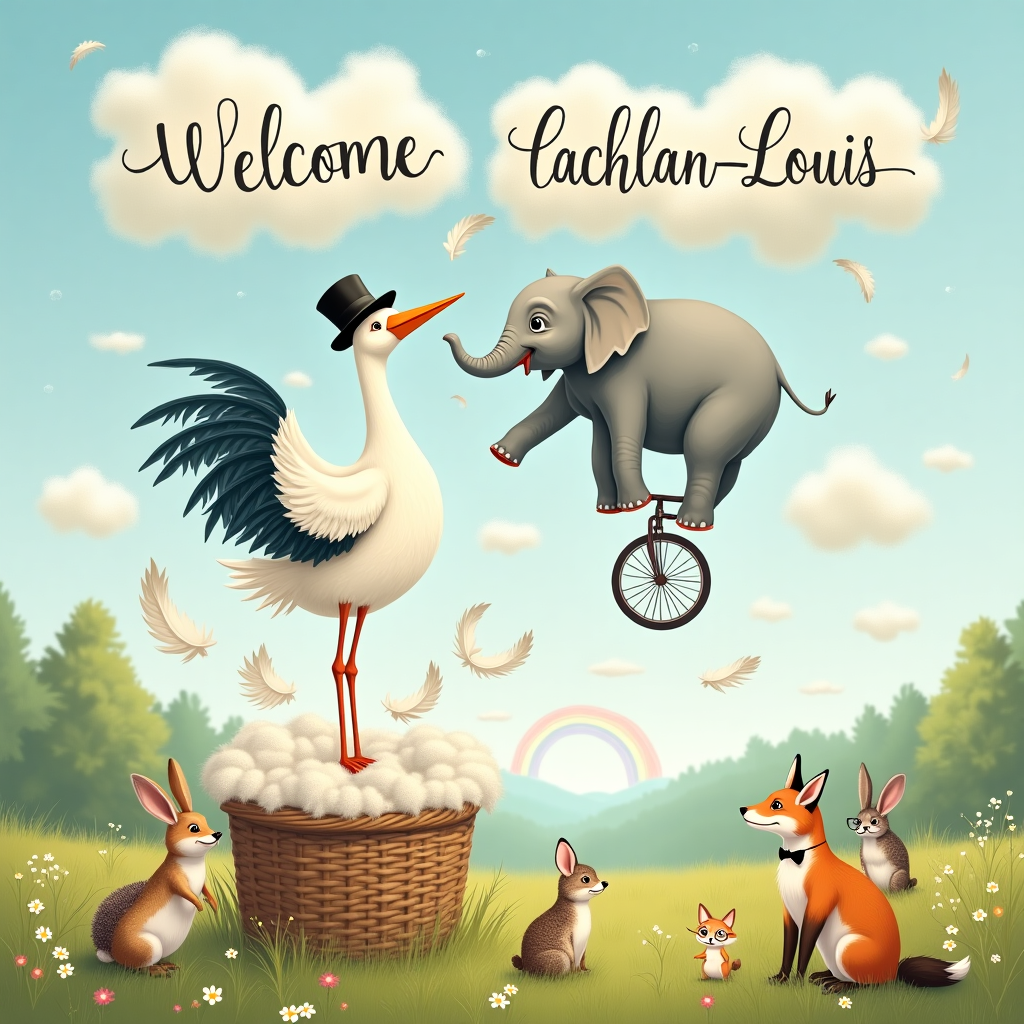 In a fantastical meadow under a sky sprinkled with whimsically shaped clouds, a jubilant scene unfolds. In the foreground, a plump, jovial stork wearing a miniature top hat is perched atop a woven basket nestled among tall grass. The basket is overflowing with fluffy feathers of various sizes and colors, from soft whites to gentle grays, suggesting the stork's recent, joyful delivery. Towering behind the stork, an exuberant elephant with ears too large for its head, reminiscent of Dumbo, is playfully balancing on a unicycle. The elephant's trunk stretches upwards, and a trail of feathers floats gently around it, adding to the spectacle. 

In the sky, artistically crafted clouds form a playful pattern, subtly spelling out "Welcome, Lachlan-Louis" in a whimsical font that curls and dances across the horizon. A faint rainbow arches across the sky, weaving through the clouds. Nearby, a cluster of quirky critters—a curious rabbit wearing tiny spectacles, a hedgehog with a bow tie, and a fox with a monocle—gather around the scene, each holding a feather in their paws as if ready to contribute to the joy. 

The distant background features a lush forest reminiscent of Maurice Sendak's wild things, while the foreground is dotted with delicate wildflowers that could have been plucked from a Beatrix Potter illustration. The entire scene is a tapestry of wonder and whimsy, perfect for celebrating the arrival of a new baby with a touch of humor and charm.
Generated with these themes: Dumbo, Stalk, and Feathers.
Made with ❤️ by AI.